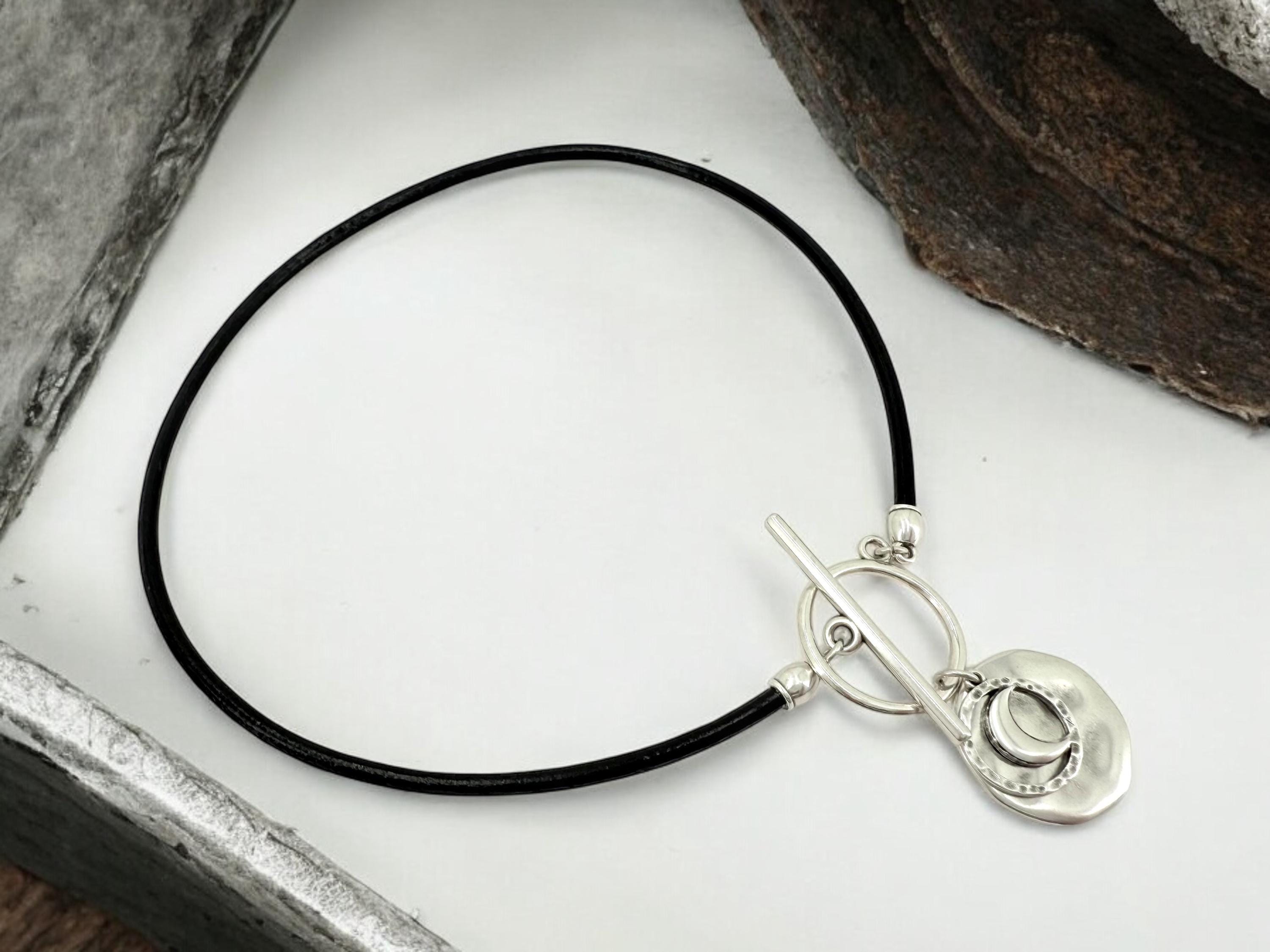 Moon and circle pendant toggle leather necklace, silver toggle necklace, chunky pendant necklace, toggle pendant choker