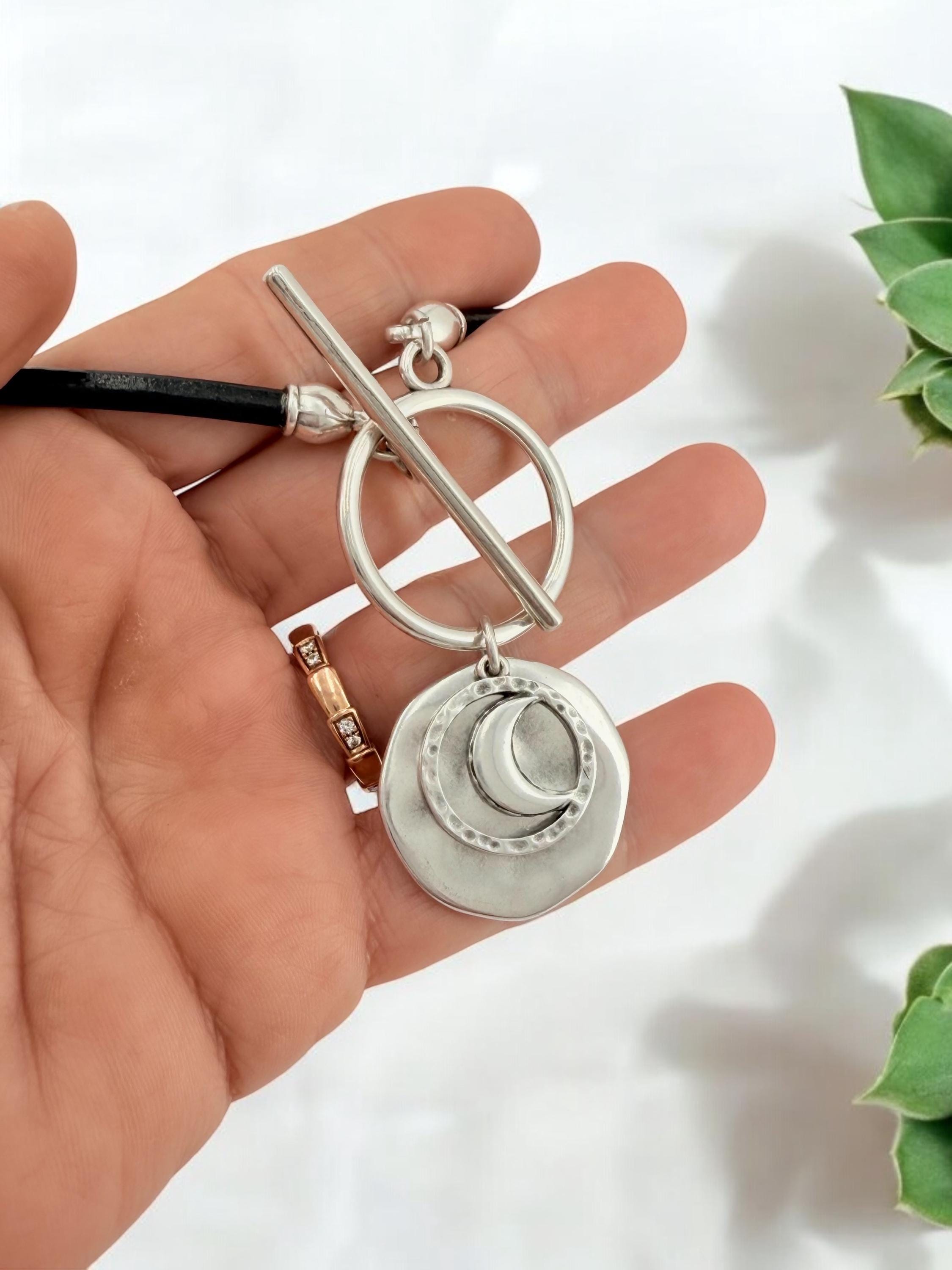 Moon and circle pendant toggle leather necklace, silver toggle necklace, chunky pendant necklace, toggle pendant choker