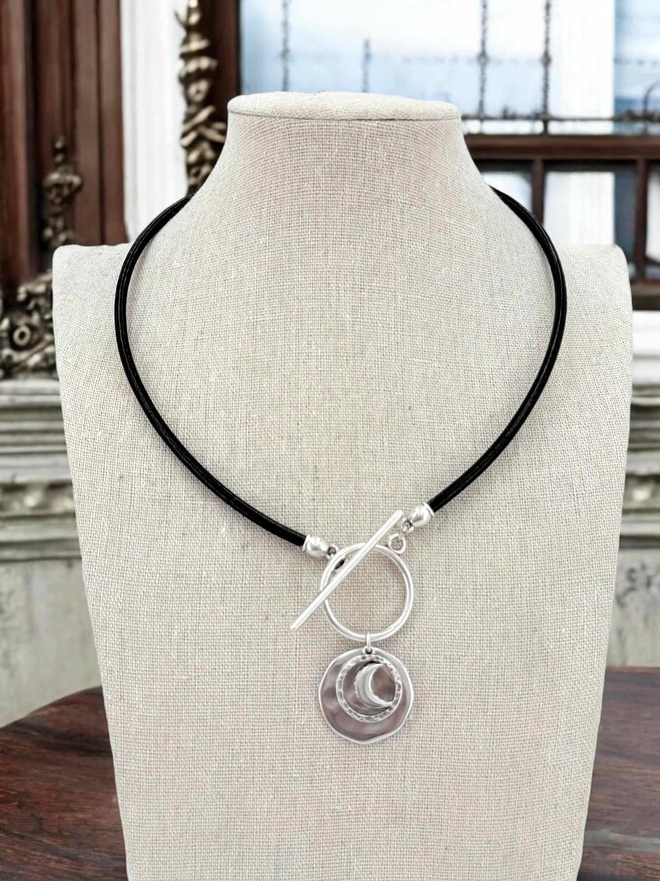 Moon and circle pendant toggle leather necklace, silver toggle necklace, chunky pendant necklace, toggle pendant choker