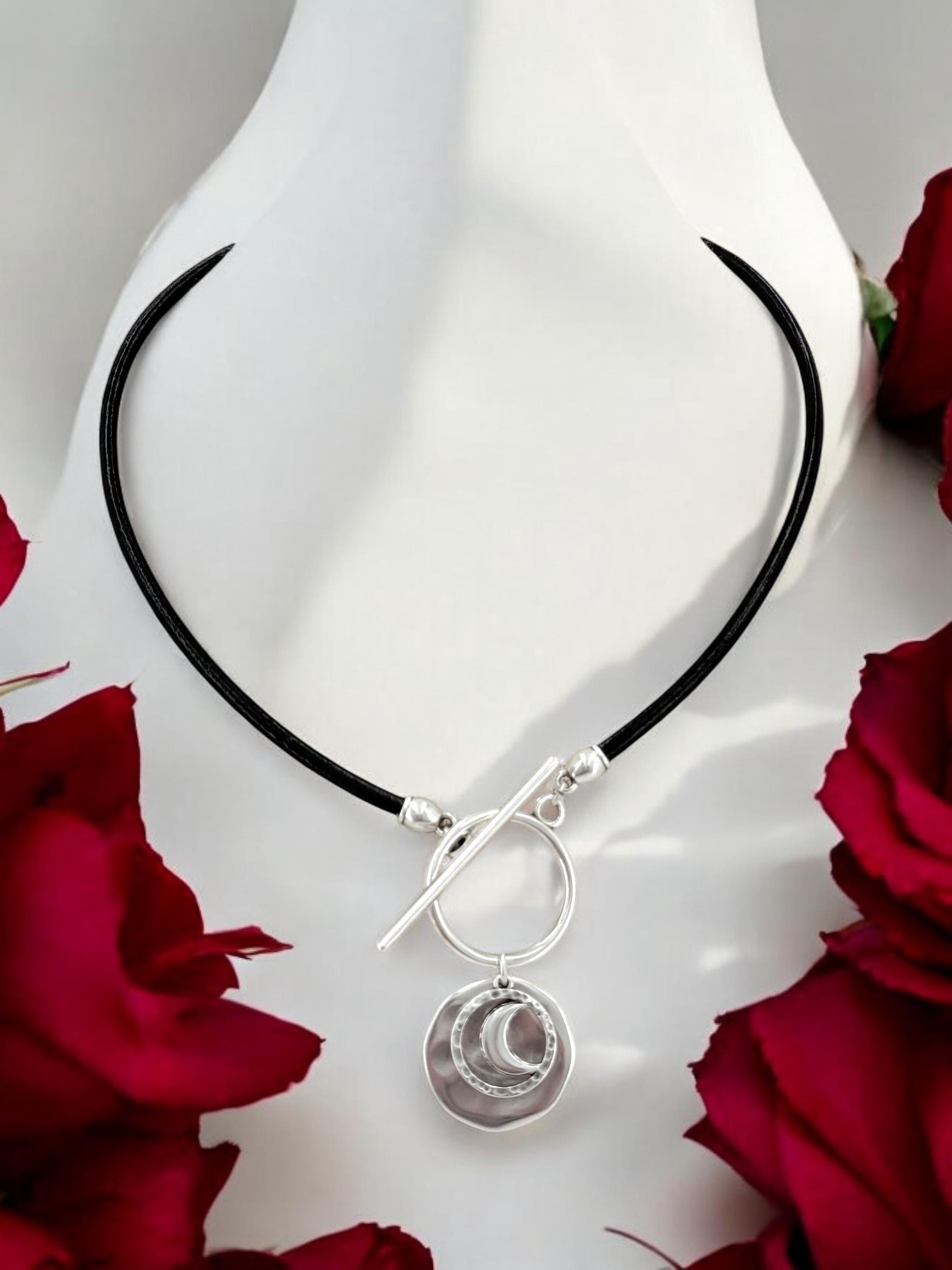 Moon and circle pendant toggle leather necklace, silver toggle necklace, chunky pendant necklace, toggle pendant choker