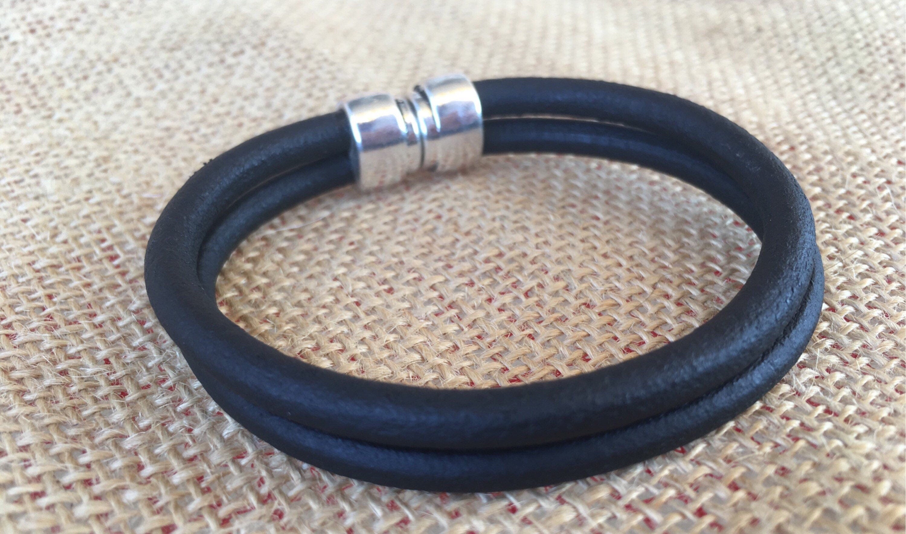 Leather Bracelet for Men with Silver Beads, Surf & Rock Style Adjustable Wristband, Handmade Minimalist Accessory