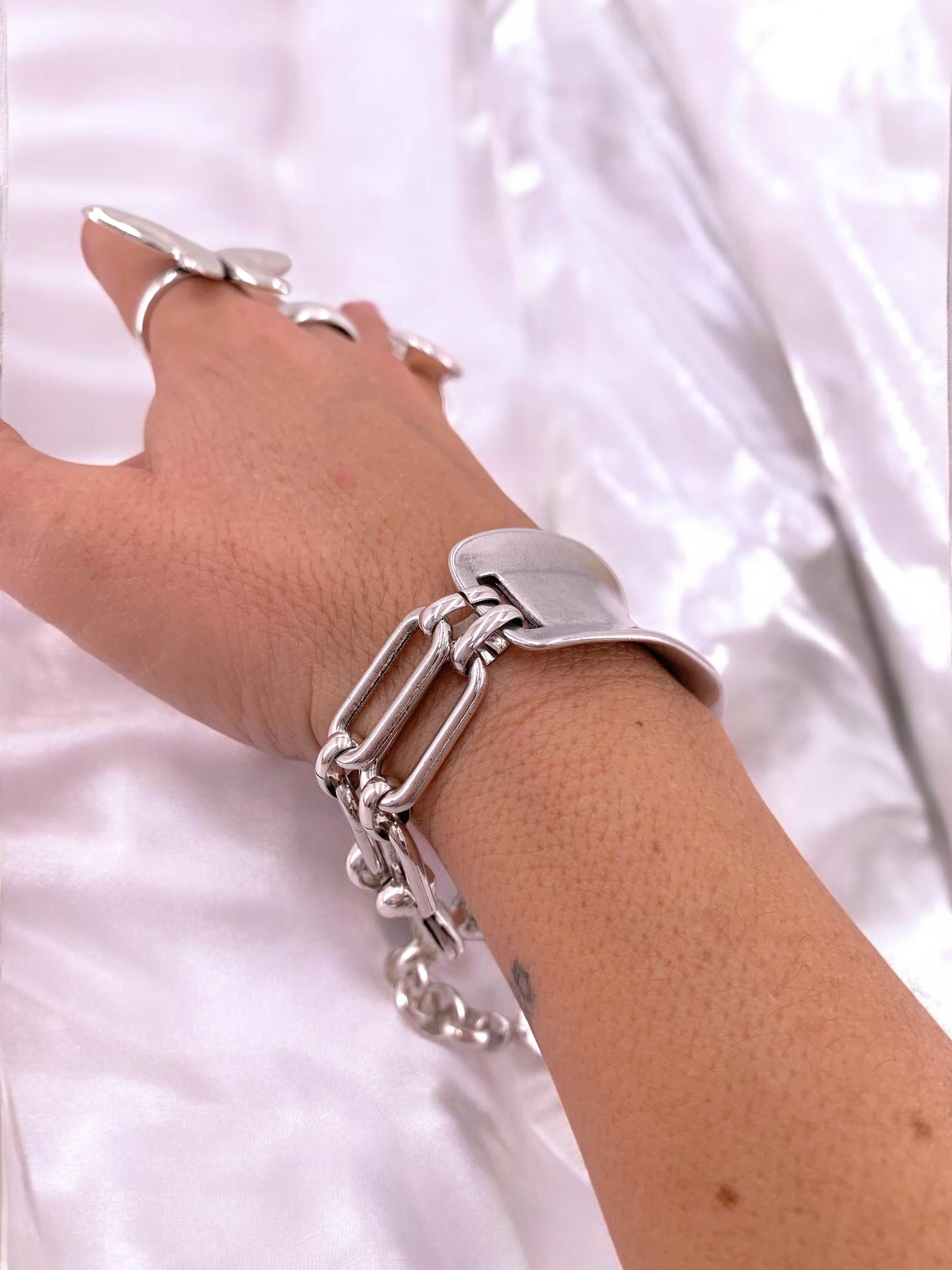 Chunky silver bracelet, cuff bracelet, silver bold bracelet, sulver chain bracelet, voluminous bracelet, uno de 50 style, statement bracelet