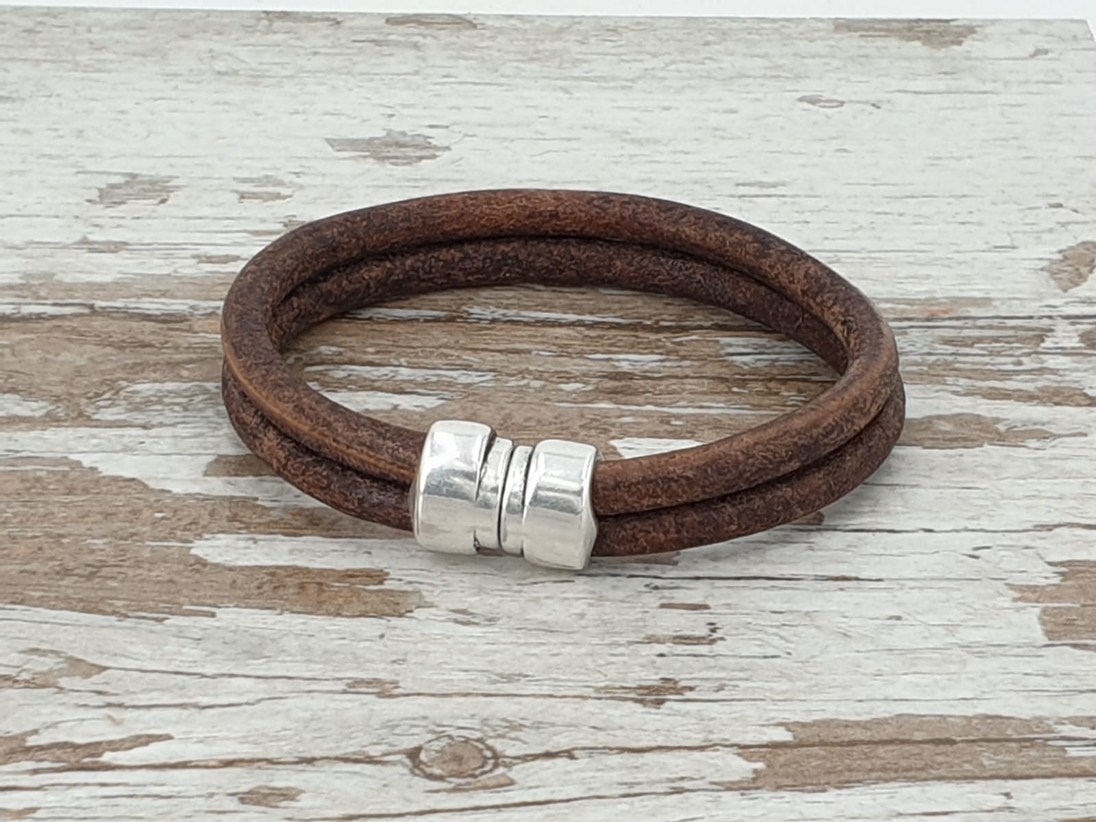 Leather Bracelet for Men with Silver Beads, Surf & Rock Style Adjustable Wristband, Handmade Minimalist Accessory