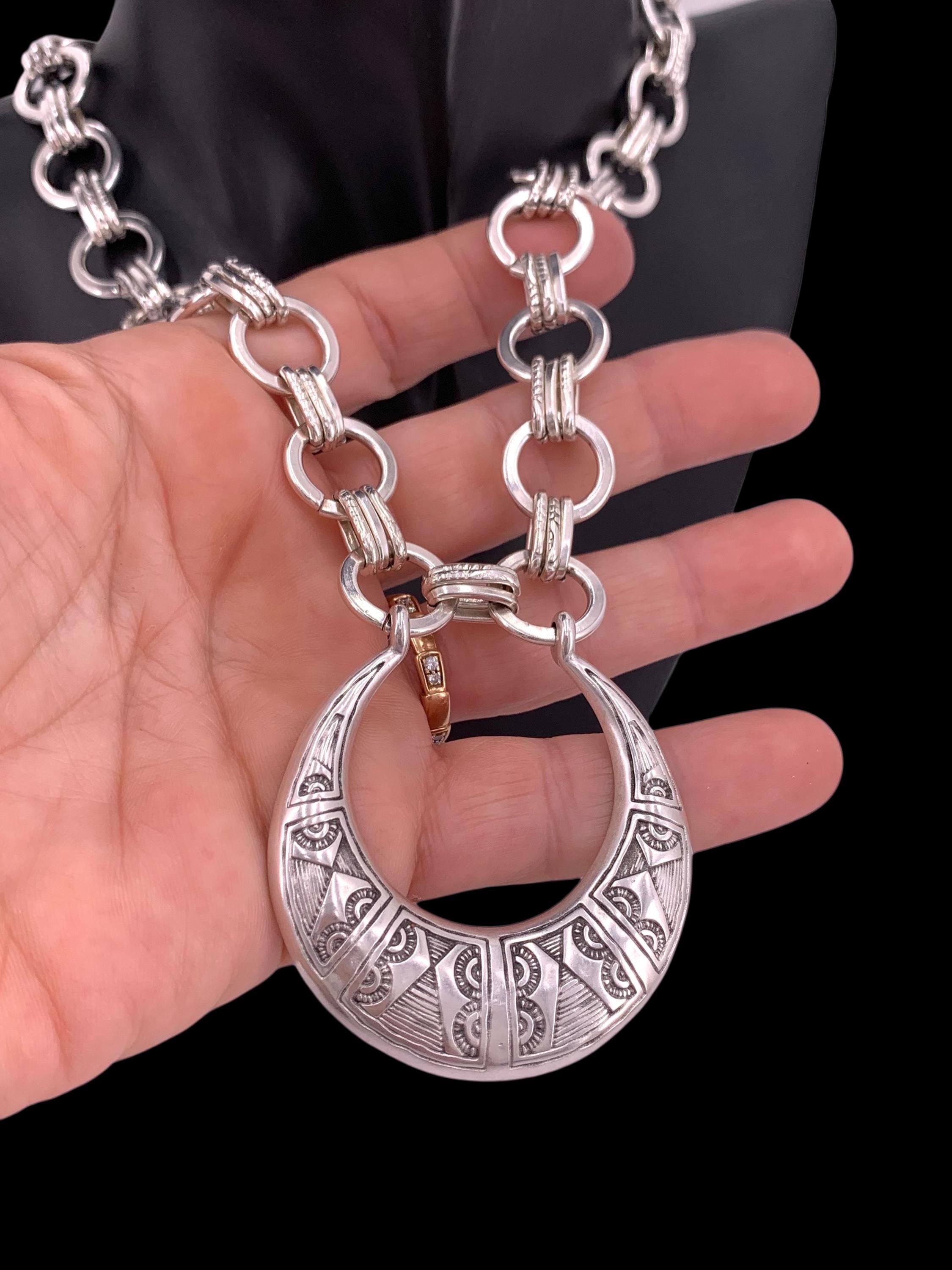 Tribal statement pendant chunky chain silver necklace, bold chain necklace, big pendant necklace, bulky necklace, uno de 50 style, gift
