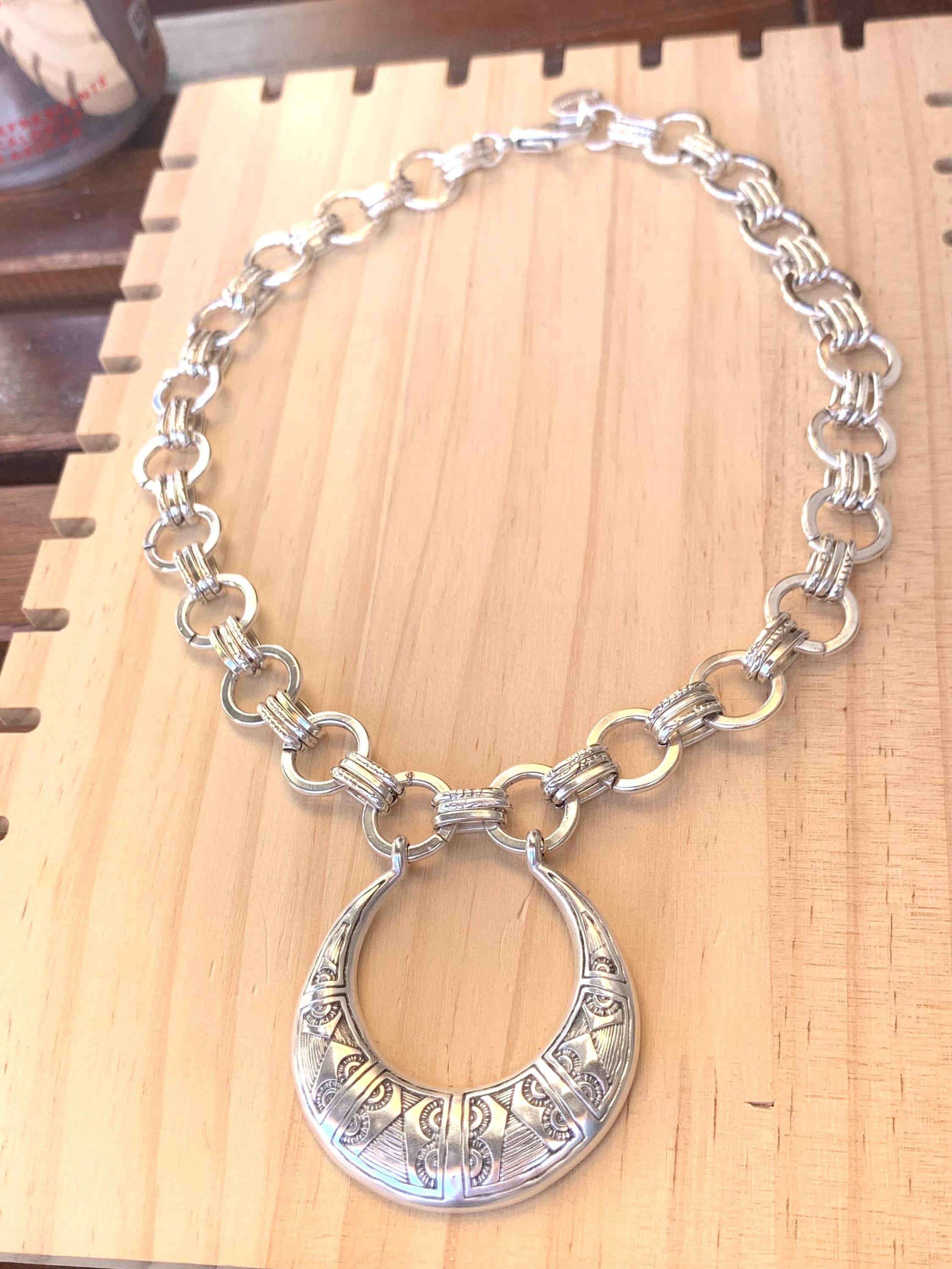Tribal statement pendant chunky chain silver necklace, bold chain necklace, big pendant necklace, bulky necklace, uno de 50 style, gift