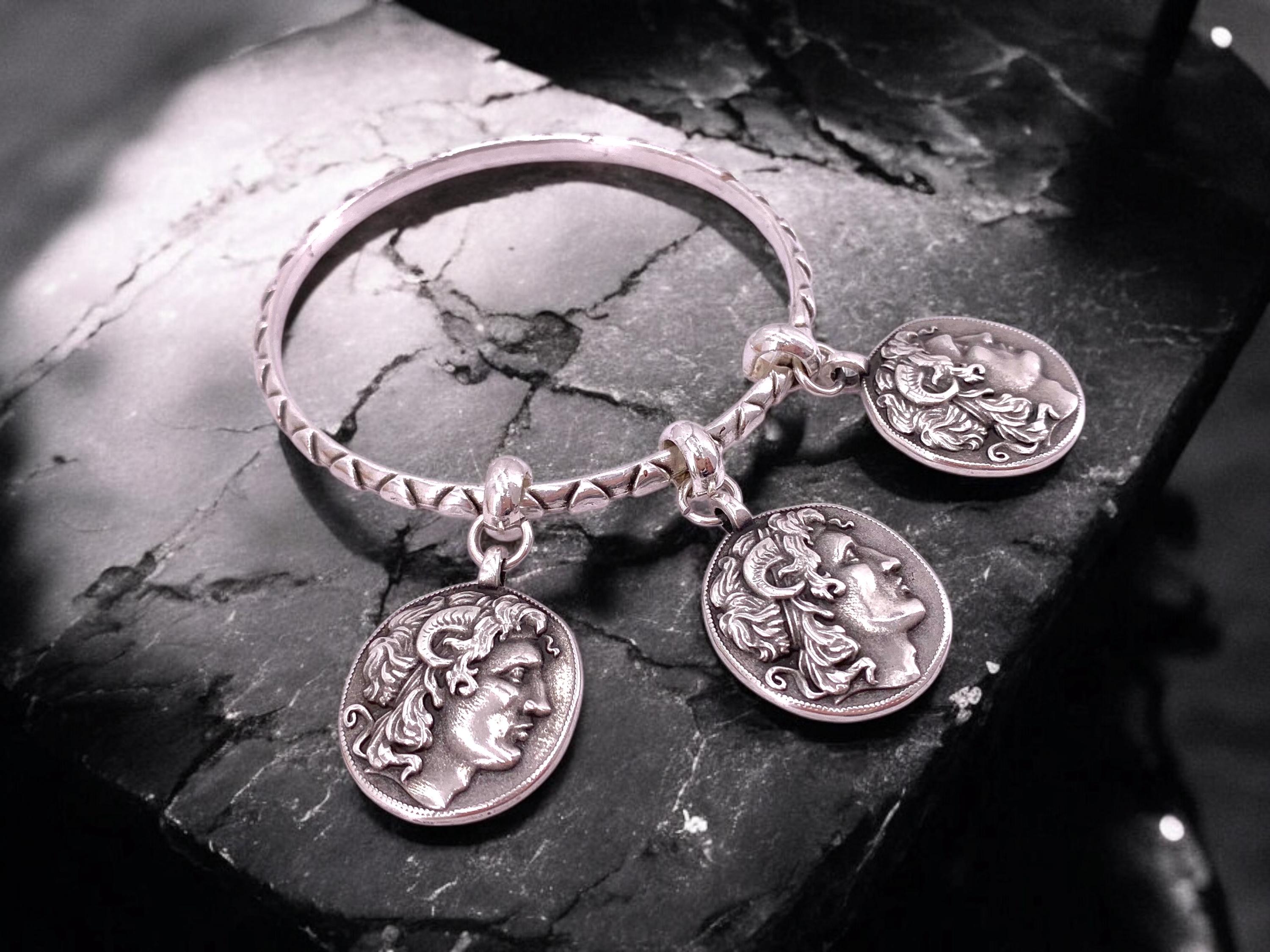 antique silver plated engraved dangling coin pendants bangle, cuff bangle, stackable bangle, rigid bangle, uno de 50 style, valentines gift