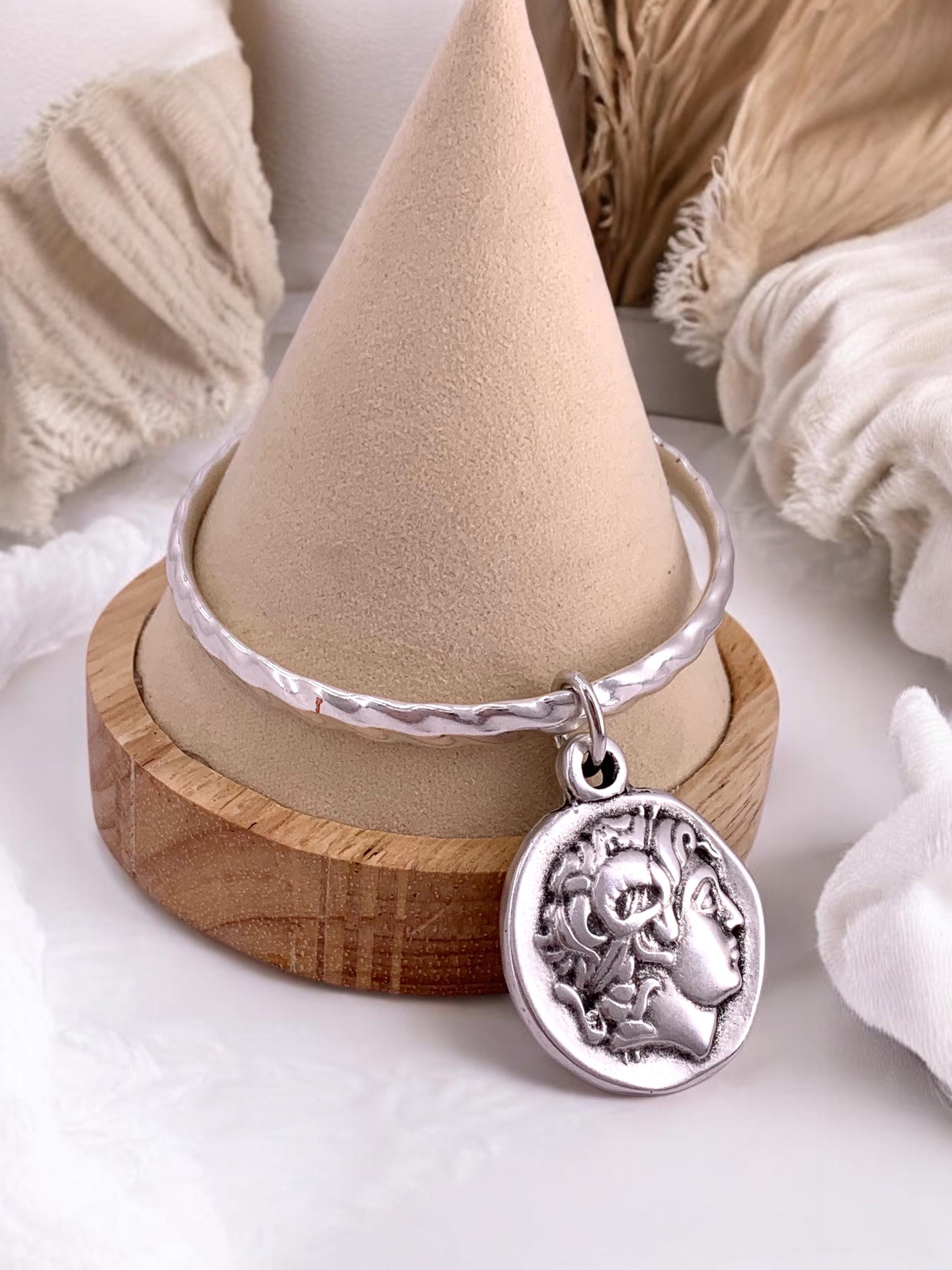 antique silver plated engraved dangling big coin bangle, cuff bangle, stackable bangle, rigid coin bangle, uno de 50 style, valentines gift