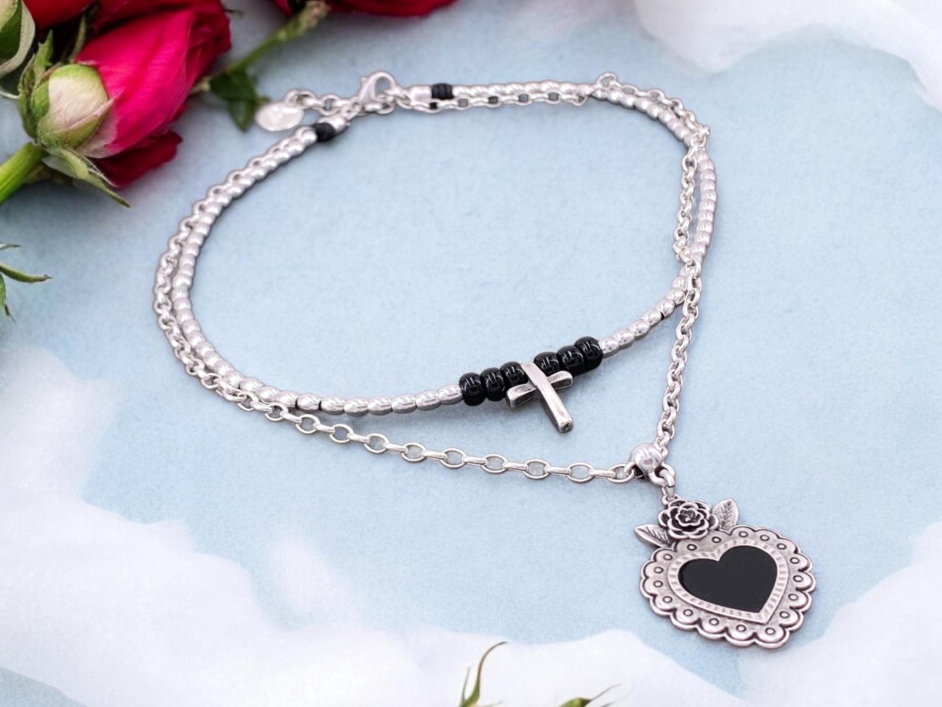 Layering silver necklace with cross and statement black heart pendant, double strand necklace, heart necklace, cross necklace, gift for her