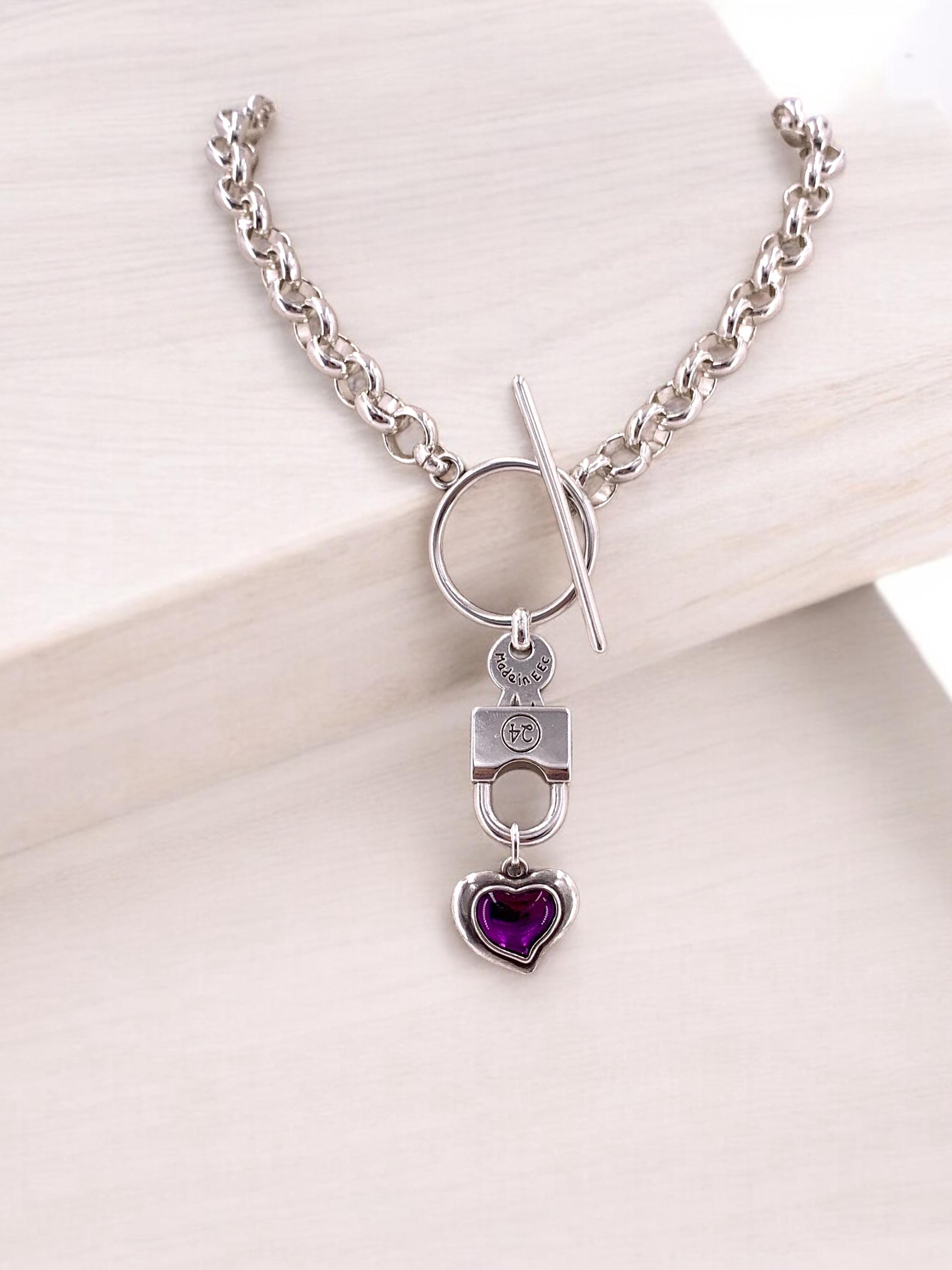 Chunky silver necklace with heart and padlock pendant and chunky silver chain, special gift for girlfriend, uno de 50 style, toggle necklace