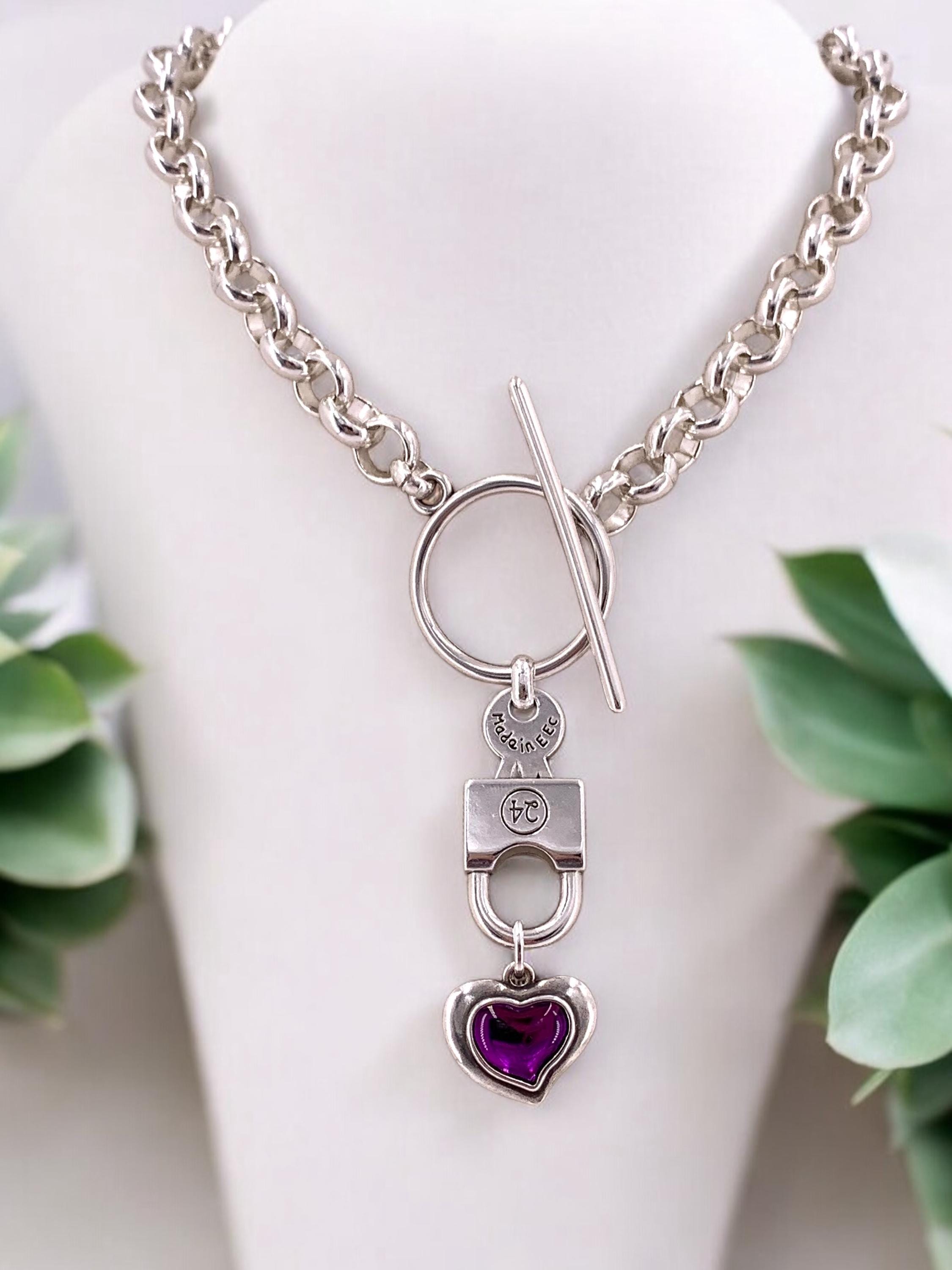Chunky silver necklace with heart and padlock pendant and chunky silver chain, special gift for girlfriend, uno de 50 style, toggle necklace