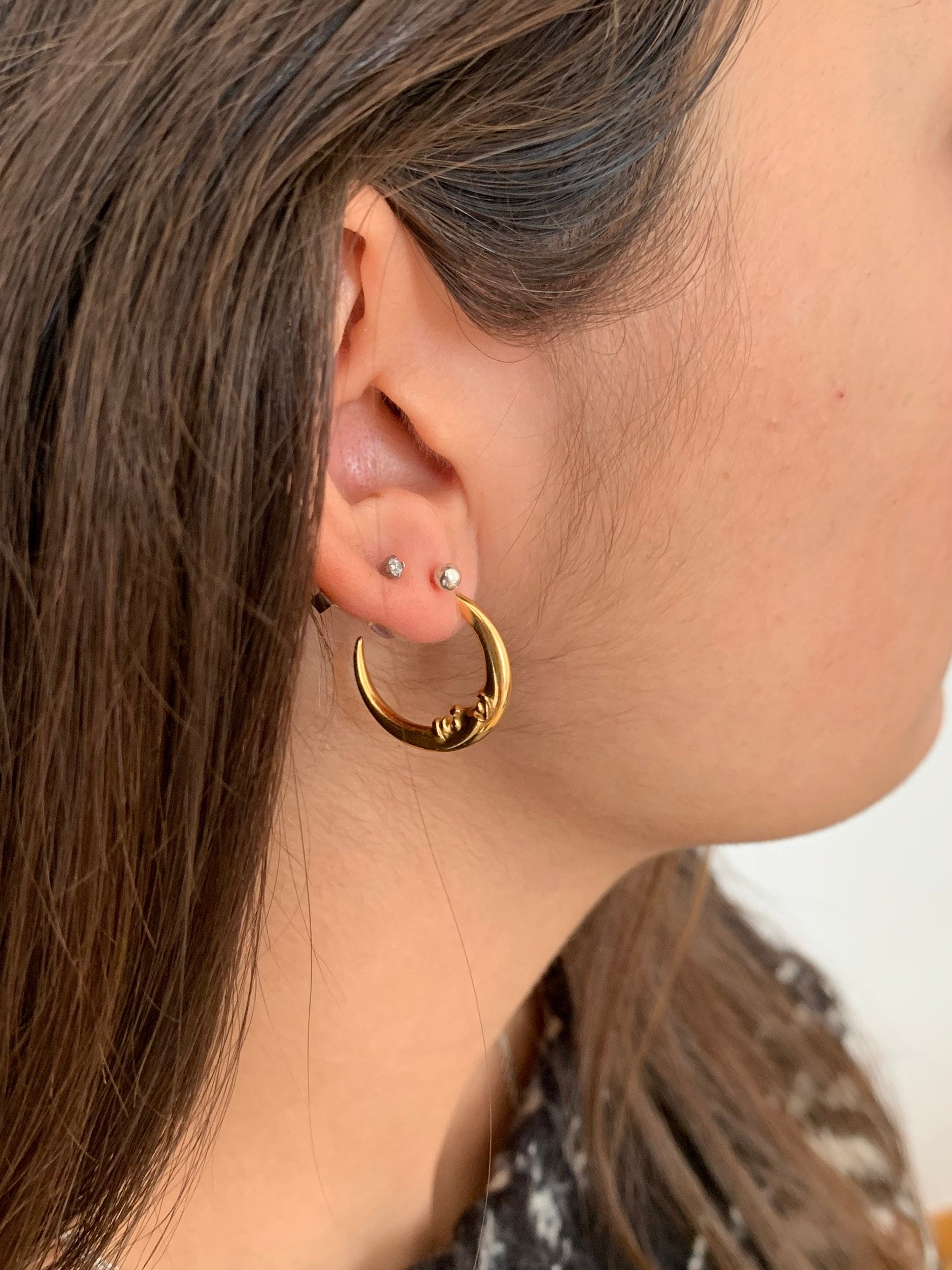 Crescent Moon Hoop Earrings – Gold Plated – Boho Everyday Jewelry – Handmade Kukuri Design