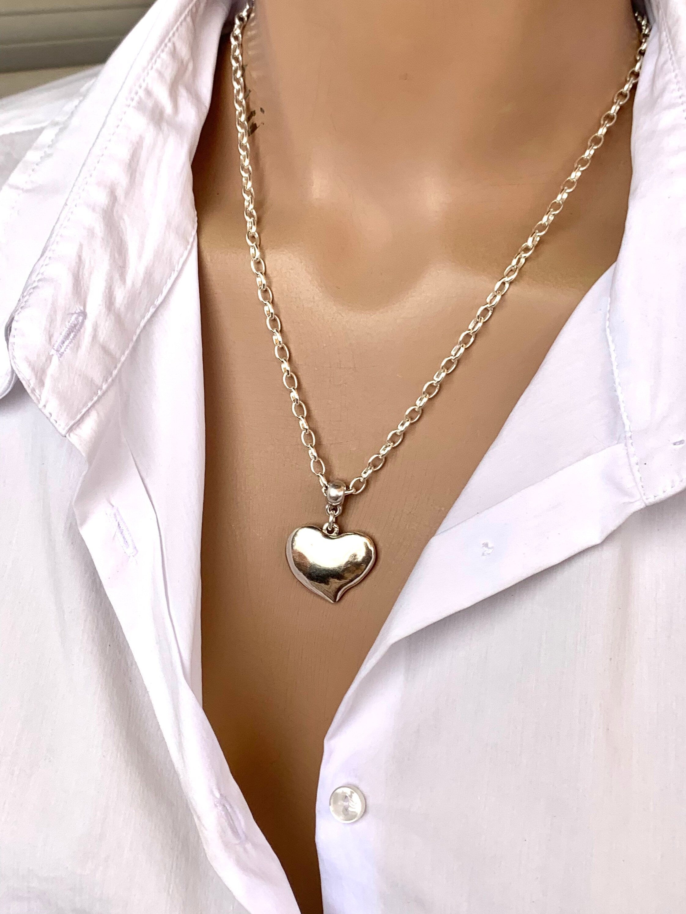 chunky chain necklace, heart pendant necklace, silver necklace, boho necklace,  style, boho jewelry, silver chain choker, gift
