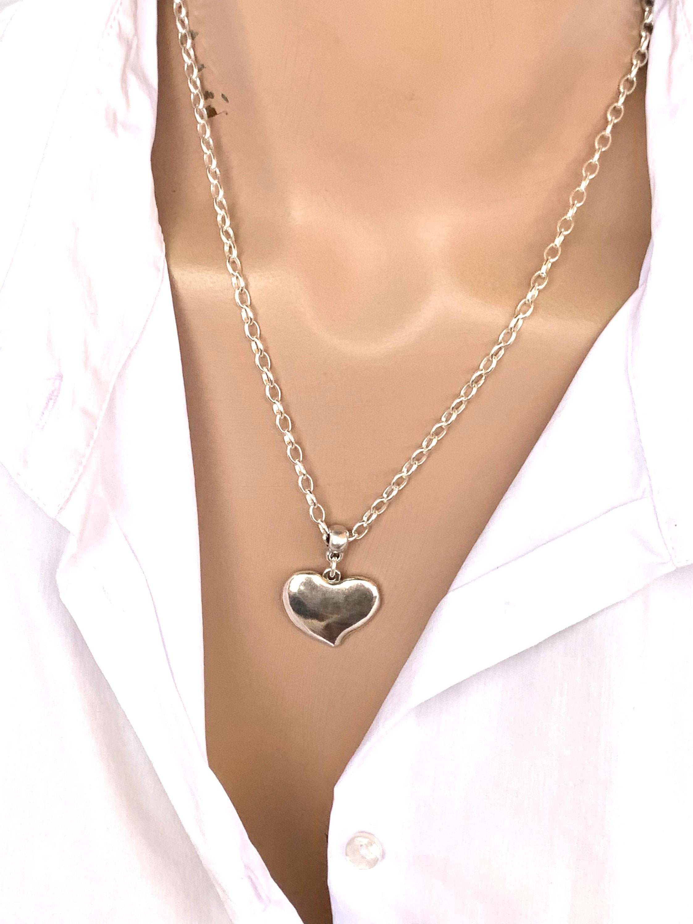 chunky chain necklace, heart pendant necklace, silver necklace, boho necklace,  style, boho jewelry, silver chain choker, gift