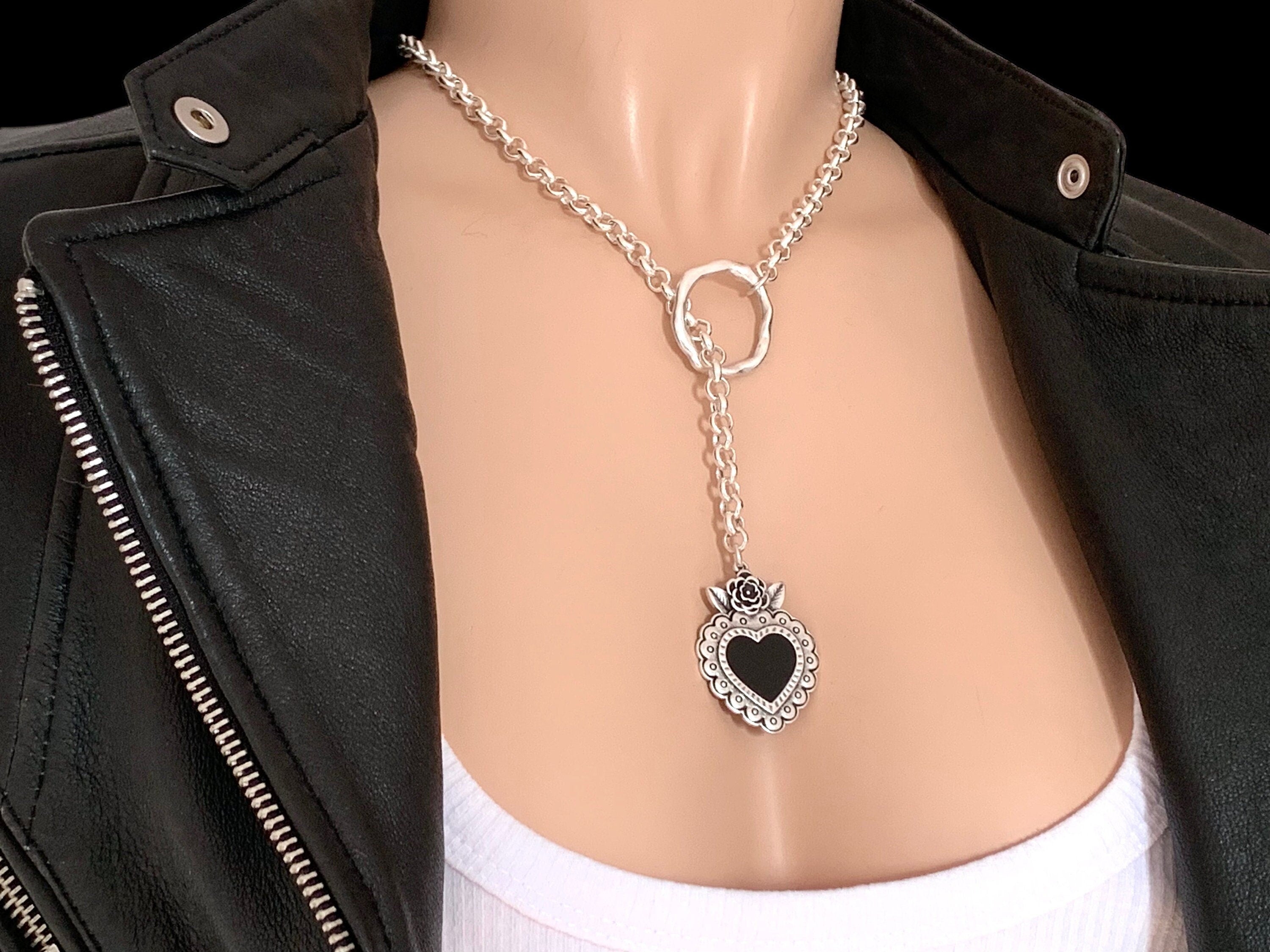 Silver chain lariat heart pendant chunky necklace, statement heart pendant lariat necklace, large Y necklace with pendant, gift for women,