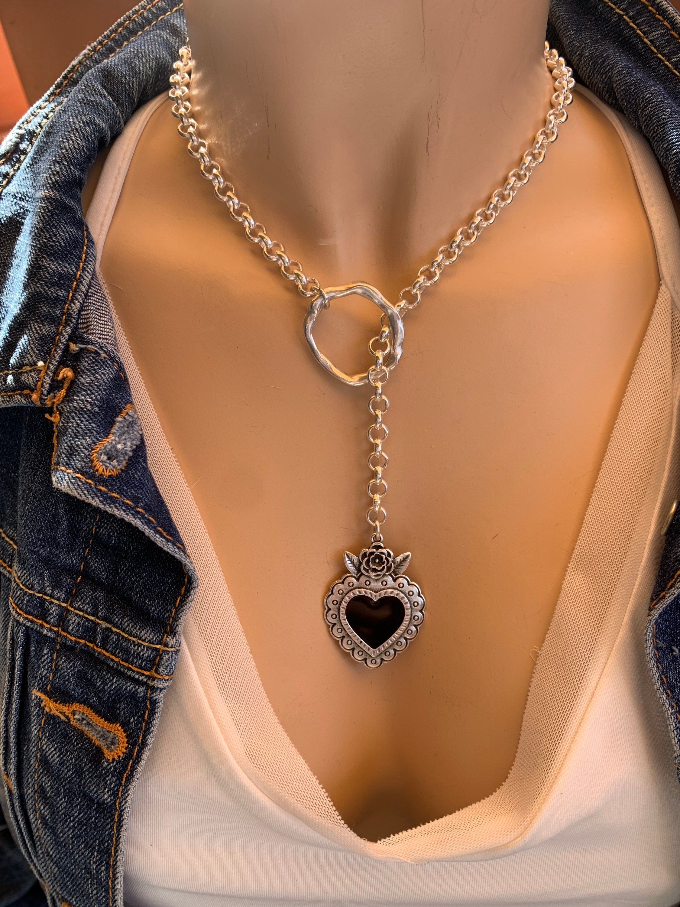 Silver chain lariat heart pendant chunky necklace, statement heart pendant lariat necklace, large Y necklace with pendant, gift for women,