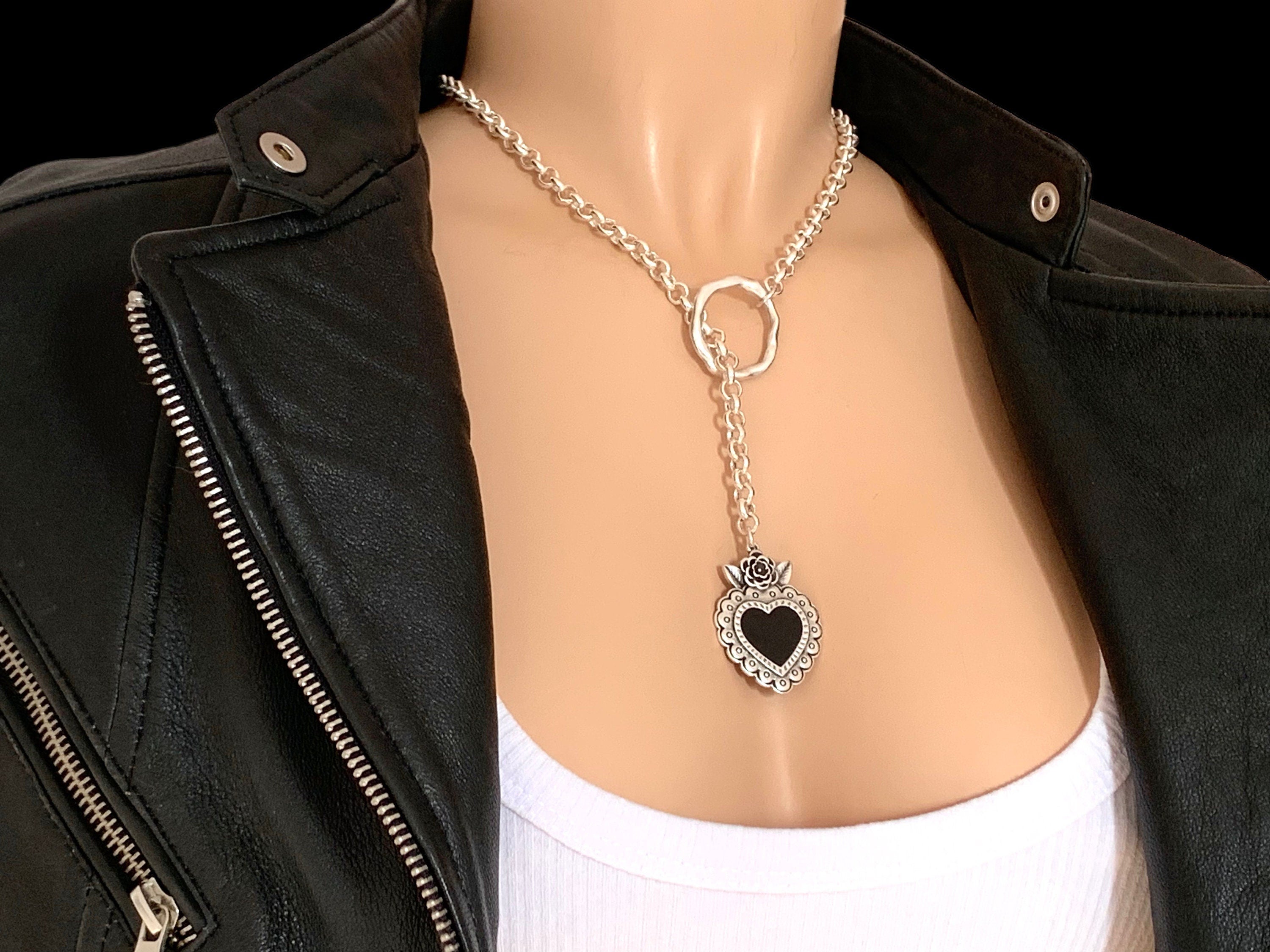 Silver chain lariat heart pendant chunky necklace, statement heart pendant lariat necklace, large Y necklace with pendant, gift for women,
