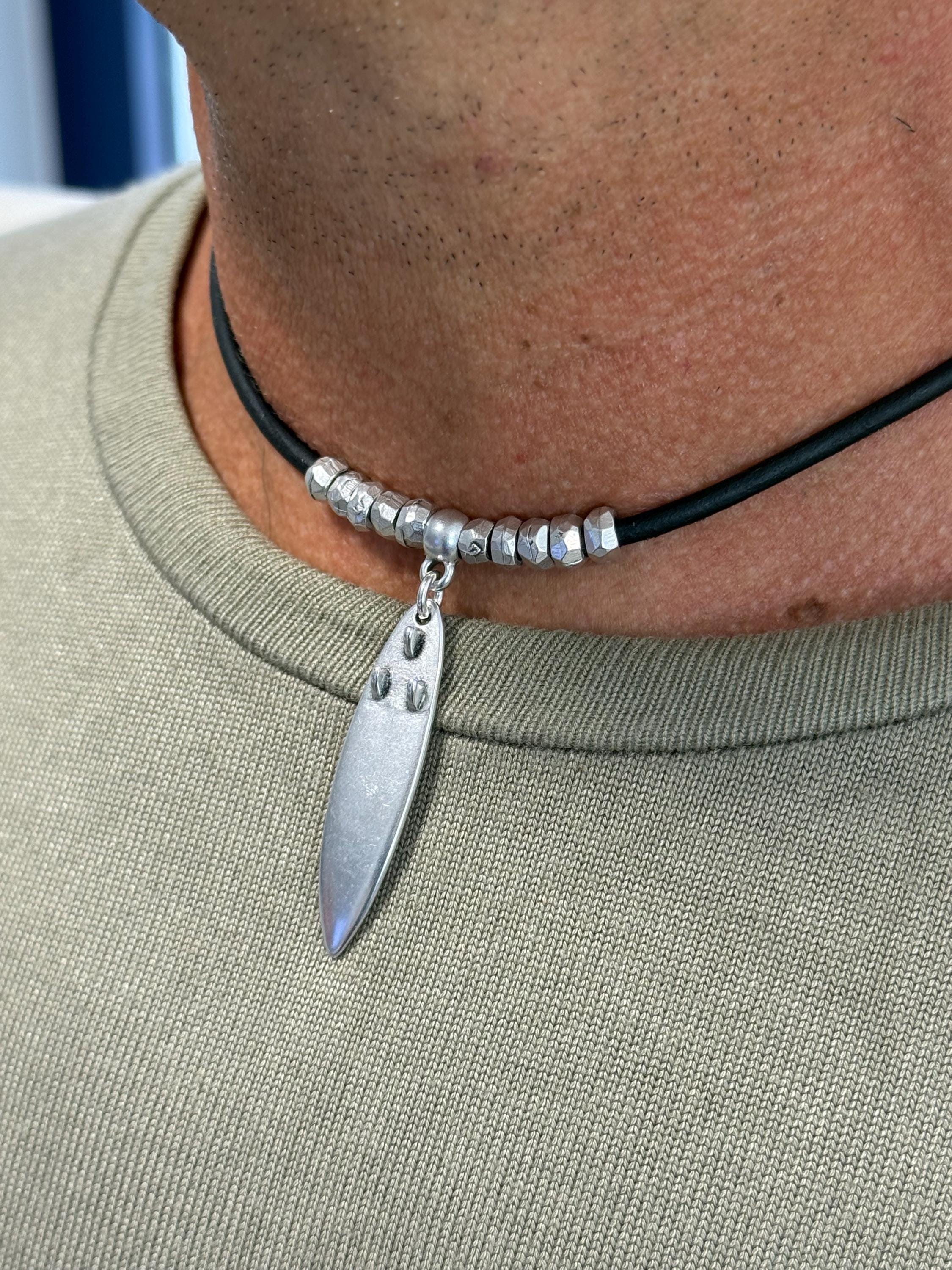 manly and masculine leather necklace for men, surf necklace, beach necklace, surfer necklace, surfboard necklace, gift for boyfriend