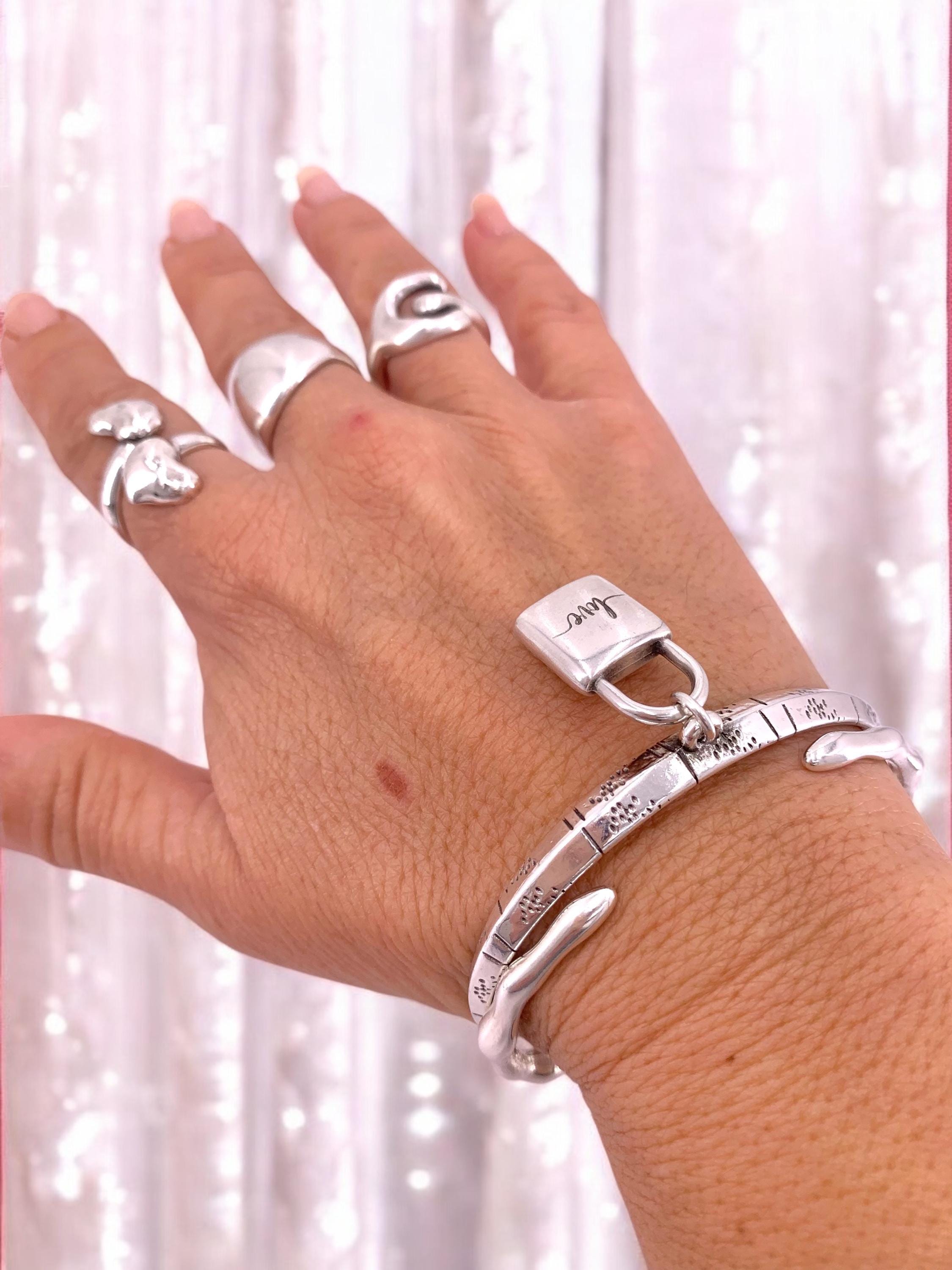 Silver engraved rigid silver cuff bracelets with padlock pendant, silver engraving open bangle, uno de 50 style, padlock bracelet, gift