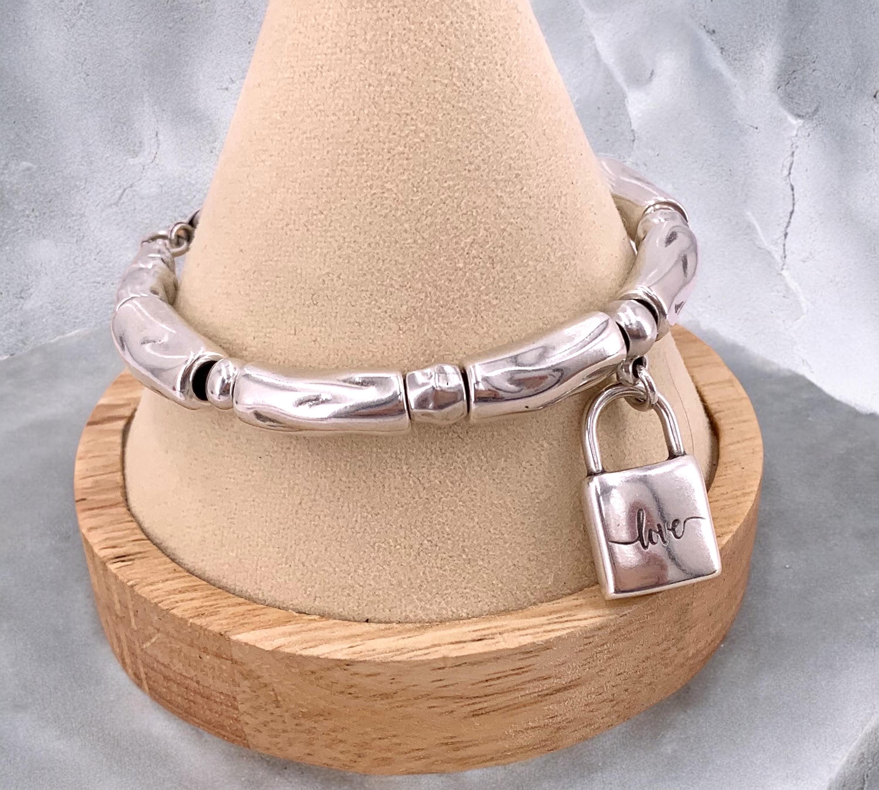 Chunky Padlock Bracelet with “Love” Engraving – Bold Silver & Leather Statement Cuff – Adjustable Kukuri Jewelry Exclusive Design - gift