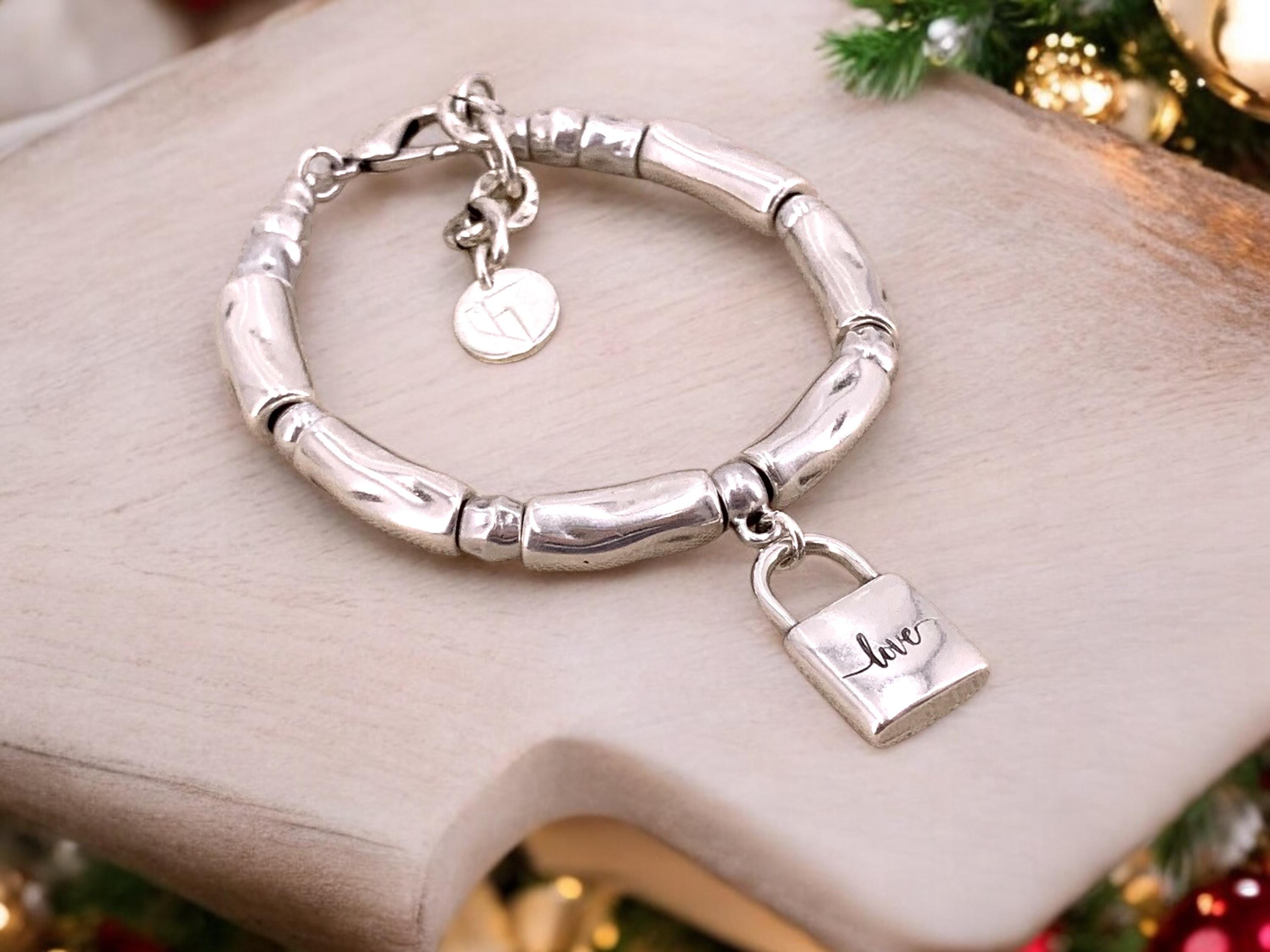Chunky Padlock Bracelet with “Love” Engraving – Bold Silver & Leather Statement Cuff – Adjustable Kukuri Jewelry Exclusive Design - gift
