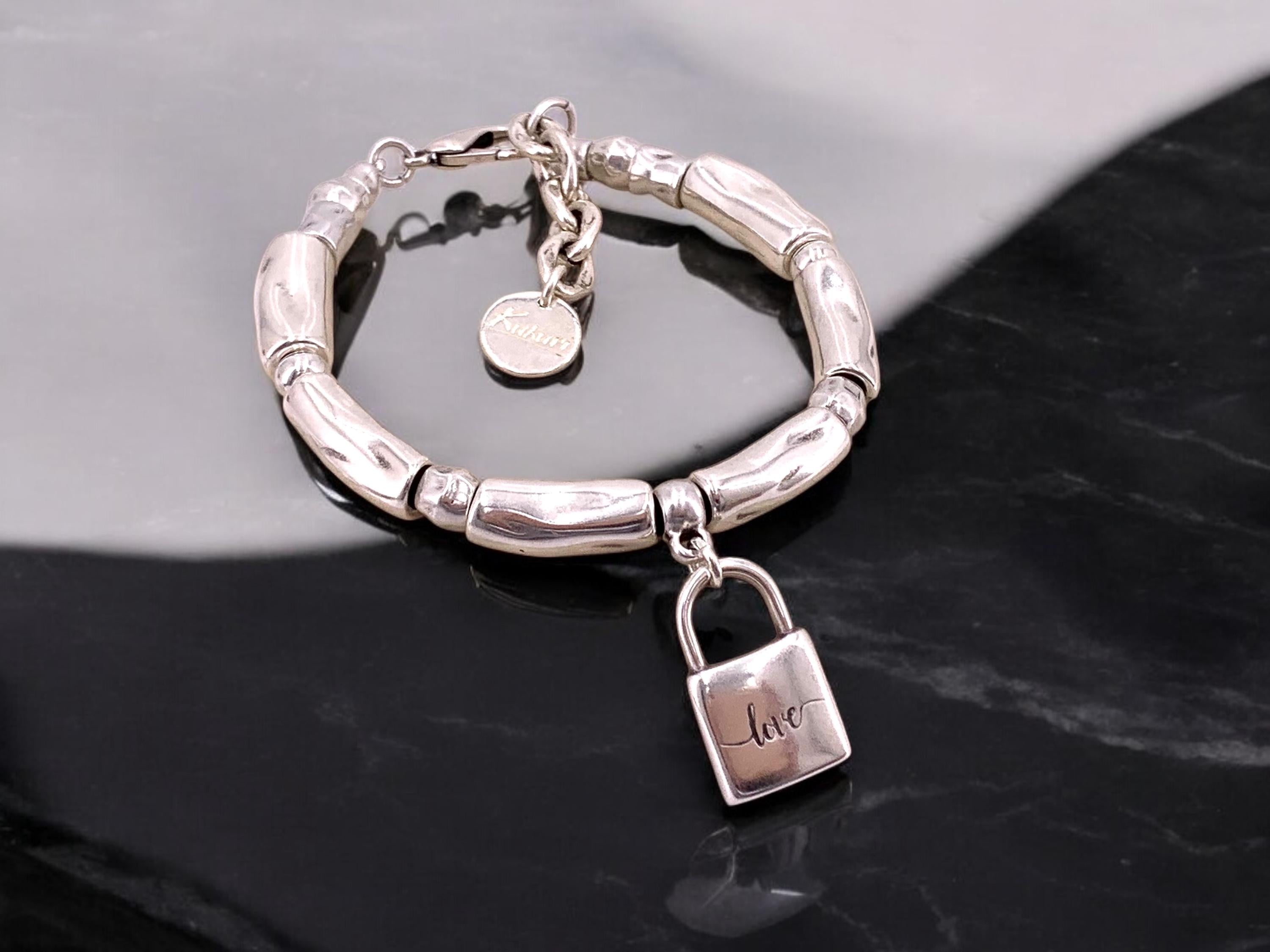 Chunky Padlock Bracelet with “Love” Engraving – Bold Silver & Leather Statement Cuff – Adjustable Kukuri Jewelry Exclusive Design - gift