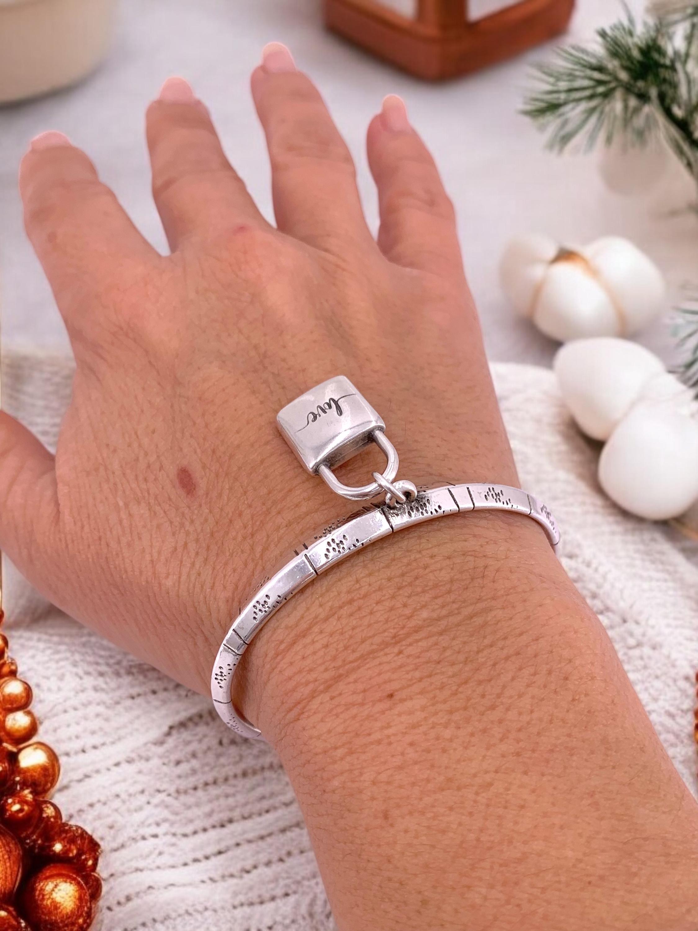 Silver engraved rigid silver cuff bracelets with padlock pendant, silver engraving open bangle, uno de 50 style, padlock bracelet, gift