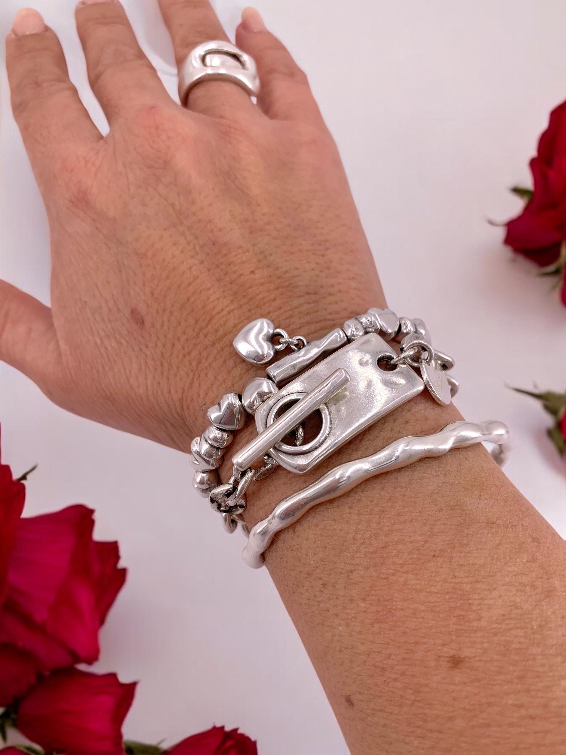 Pulsera cuentas corazón plata, pulsera corazón, pulsera boho, pulsera elástica, pulsera cuentas plata, pulsera corazón, estilo uno de 50