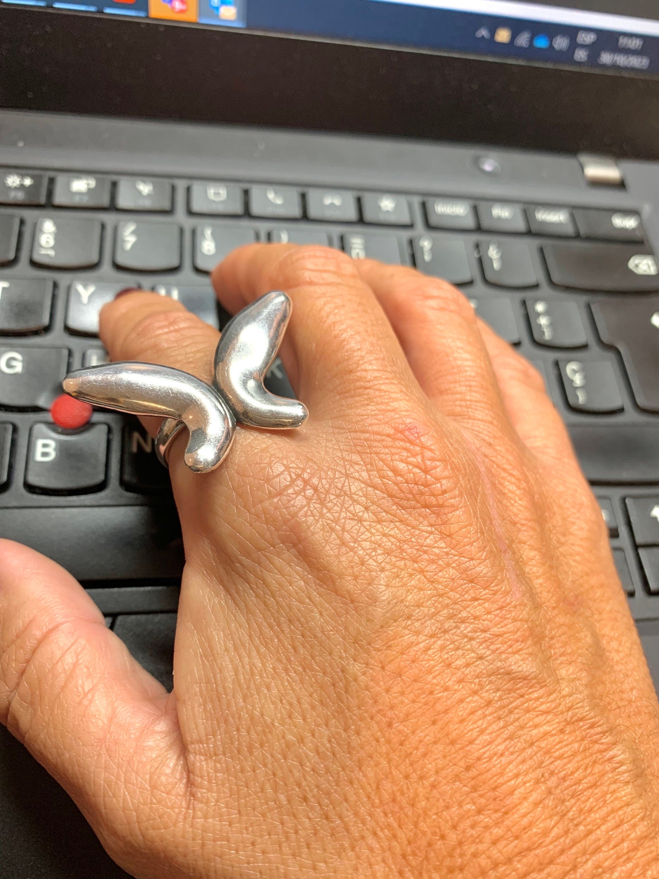 Anillo de plata voluminoso con forma de mariposa para mujer, regalo para novia, anillo grueso ajustable en plata ideal para un regalo único