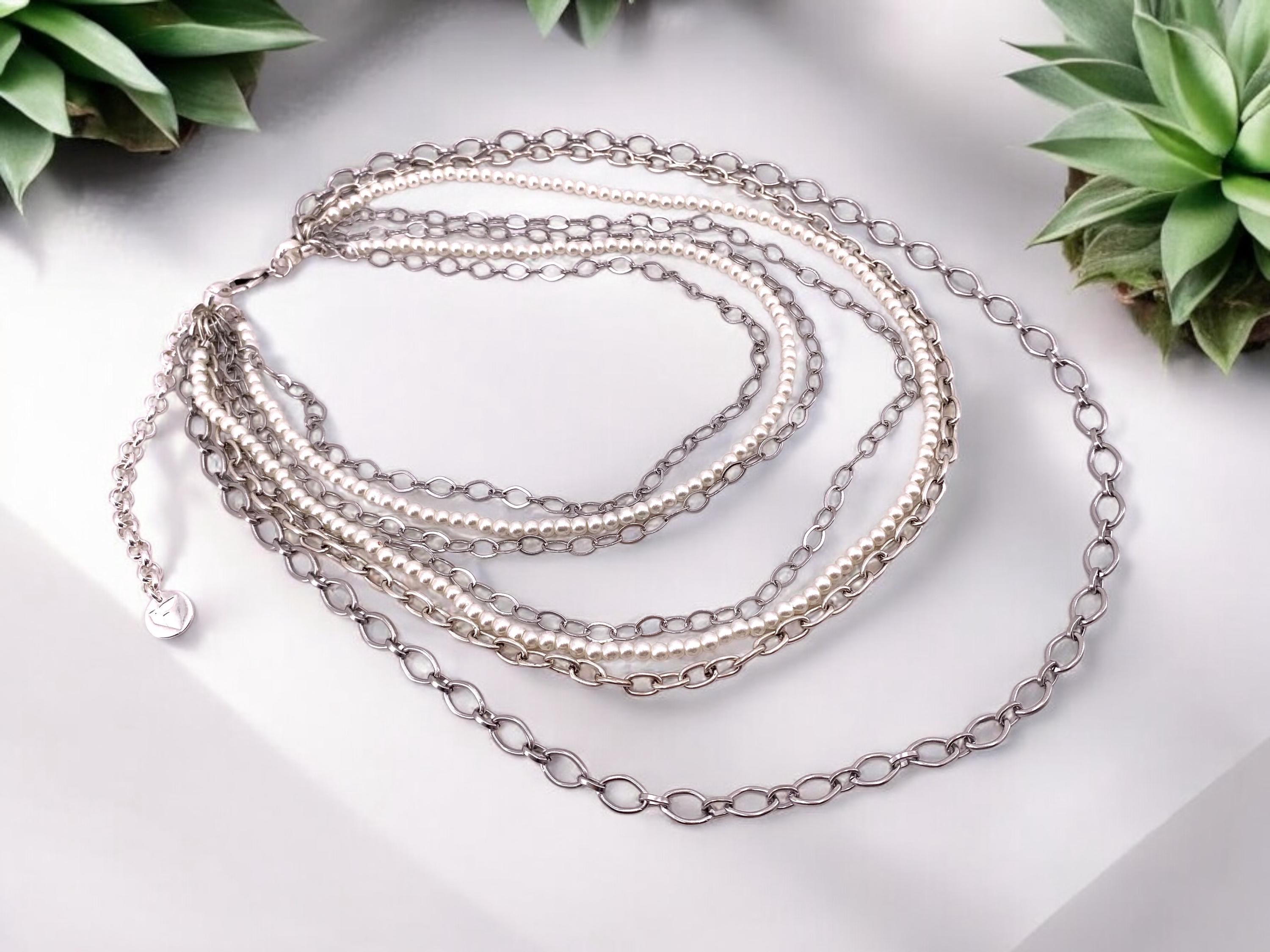 Chunky Multi-Strand Necklace – Layered Crystal Pearls & Stainless Steel Chains – Bold Sculptural Statement Jewelry - exclusive Kukuri design