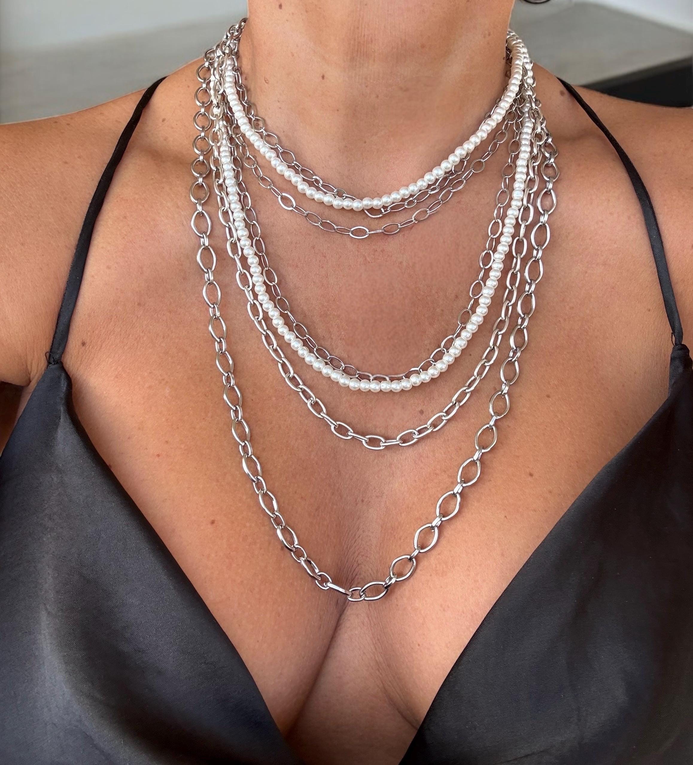 Chunky Multi-Strand Necklace – Layered Crystal Pearls & Stainless Steel Chains – Bold Sculptural Statement Jewelry - exclusive Kukuri design