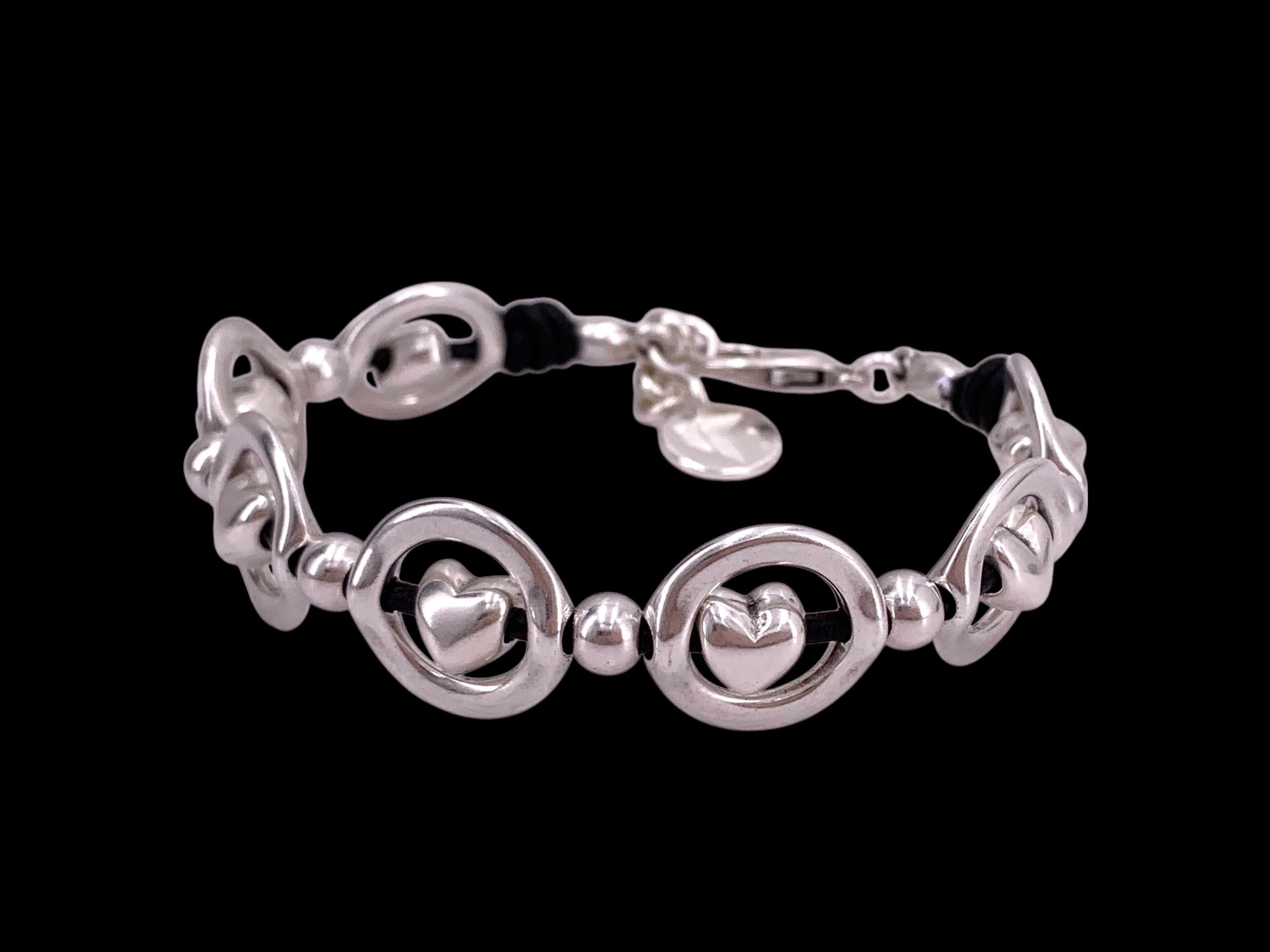 Eye-catching chunky leather bracelet with silver heart-shaped beads, perfect Valentine’s Day gift, bulky bracelet, uno de 50 style,