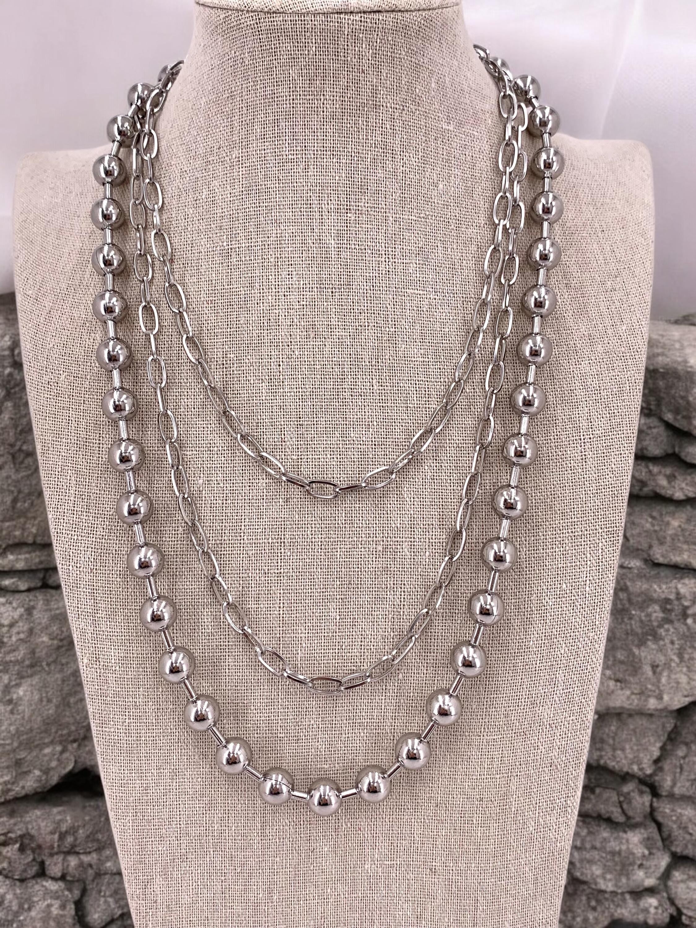 Extravagant Chunky multi layer big balls chain necklace, layering black silver necklace, multi strand chain necklace, statement necklace,