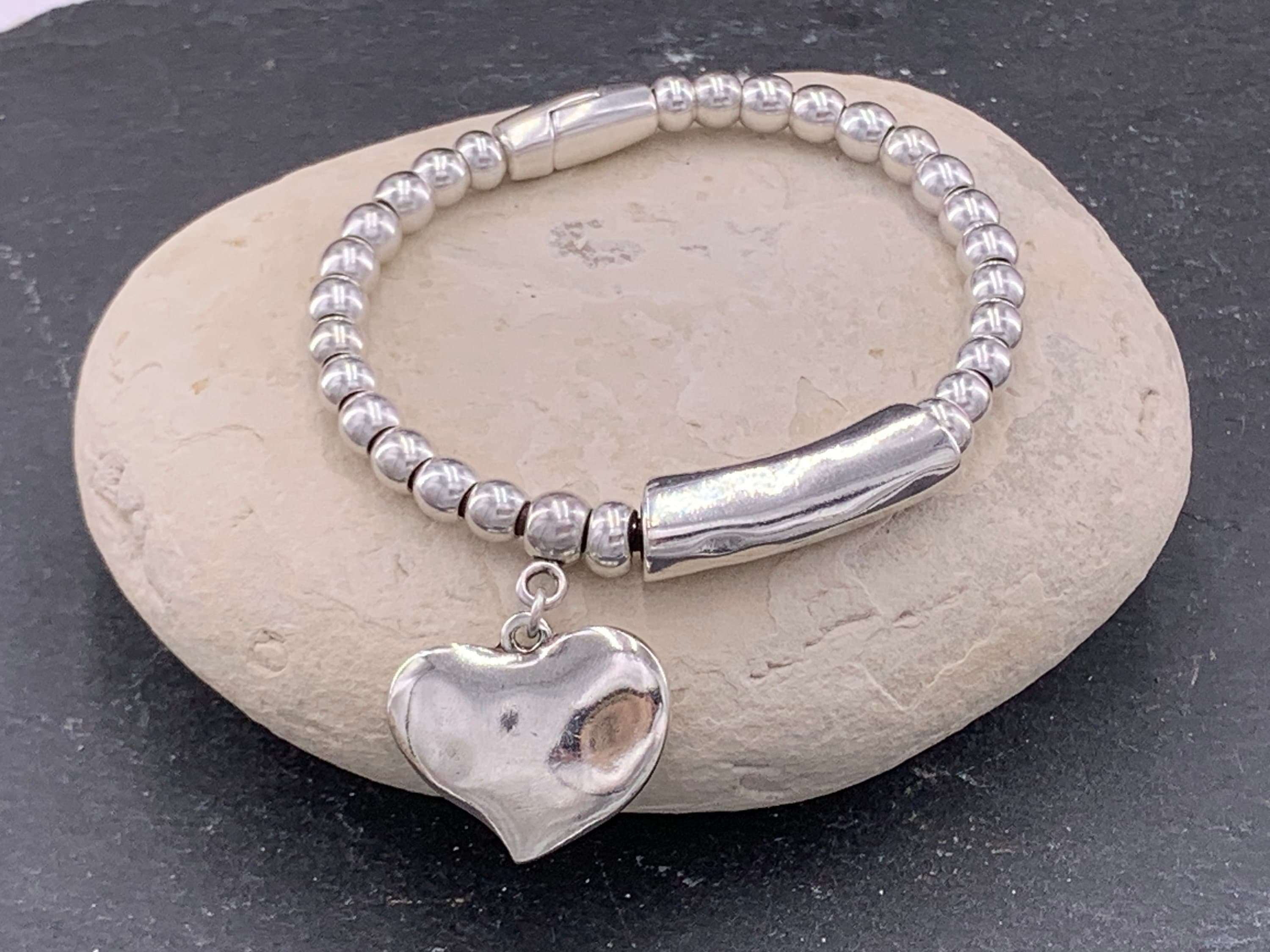 Chunky silver beaded bracelet with central tube charm and heart pendant, Heart pendant silver chunky bracelet, special gift for women