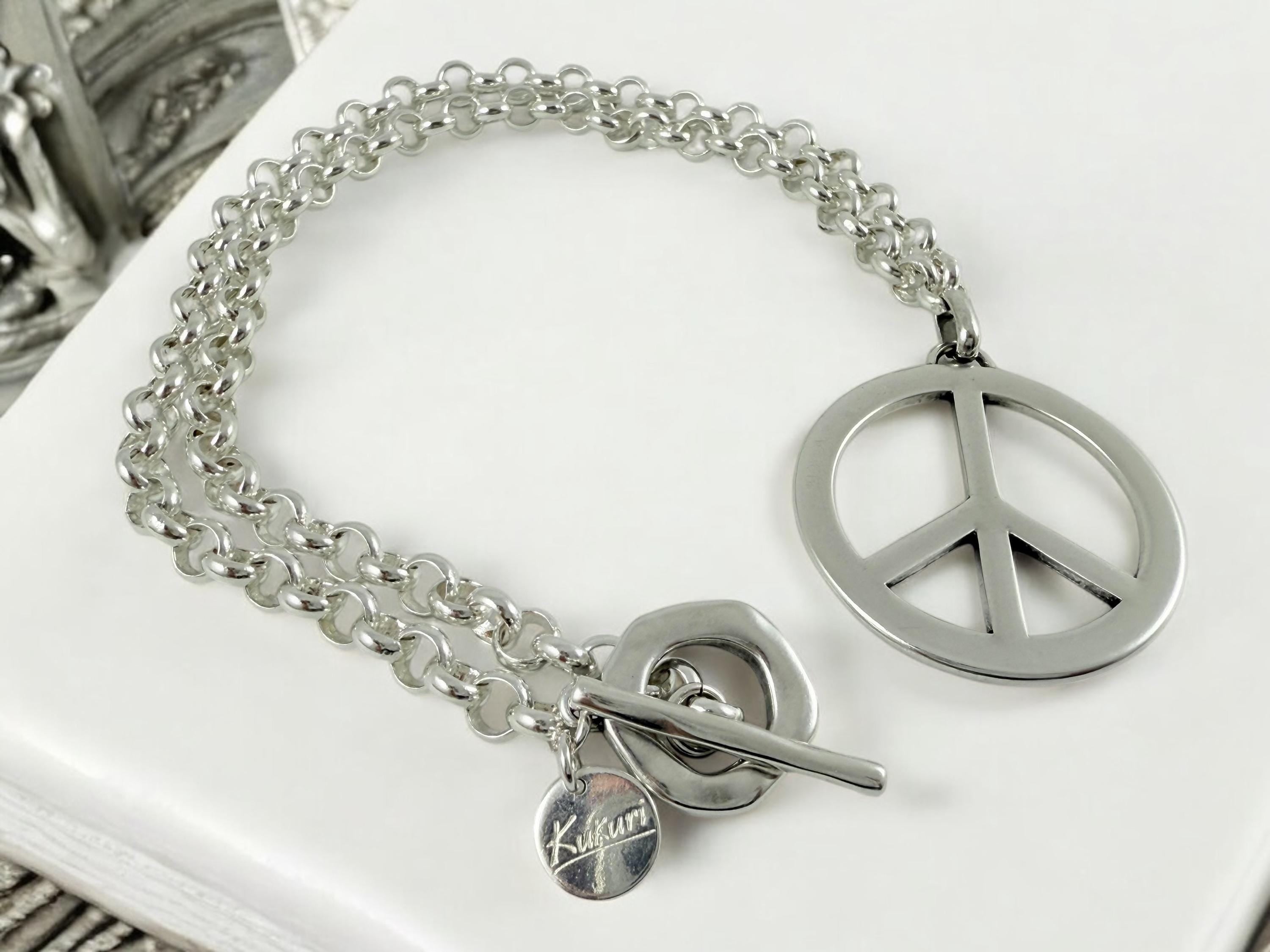 Big peace symbol pendant chunky chain silver necklace, statement pendant bold chain necklace, bulky necklace, uno de 50 style necklace