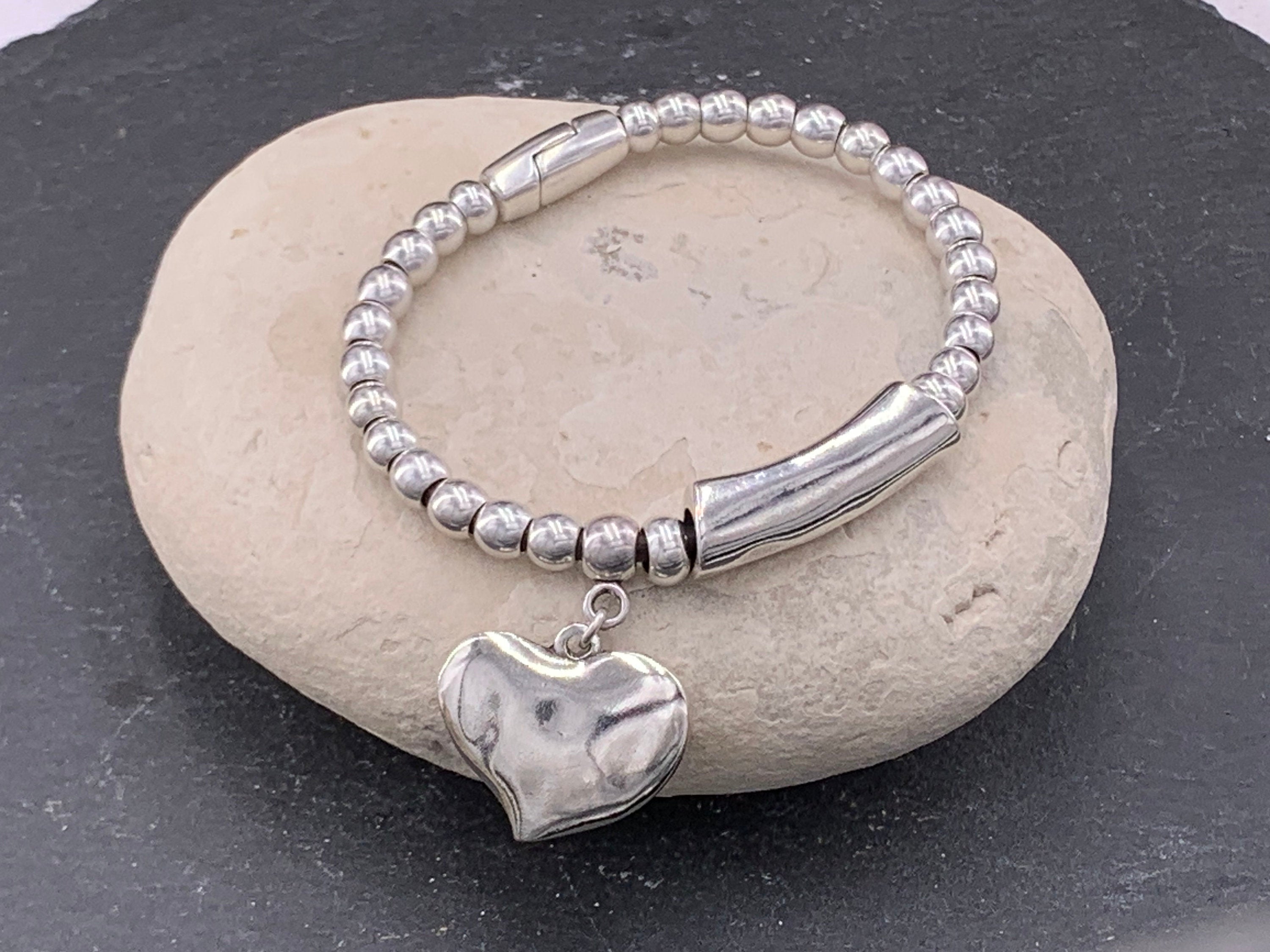 Chunky silver beaded bracelet with central tube charm and heart pendant, Heart pendant silver chunky bracelet, special gift for women