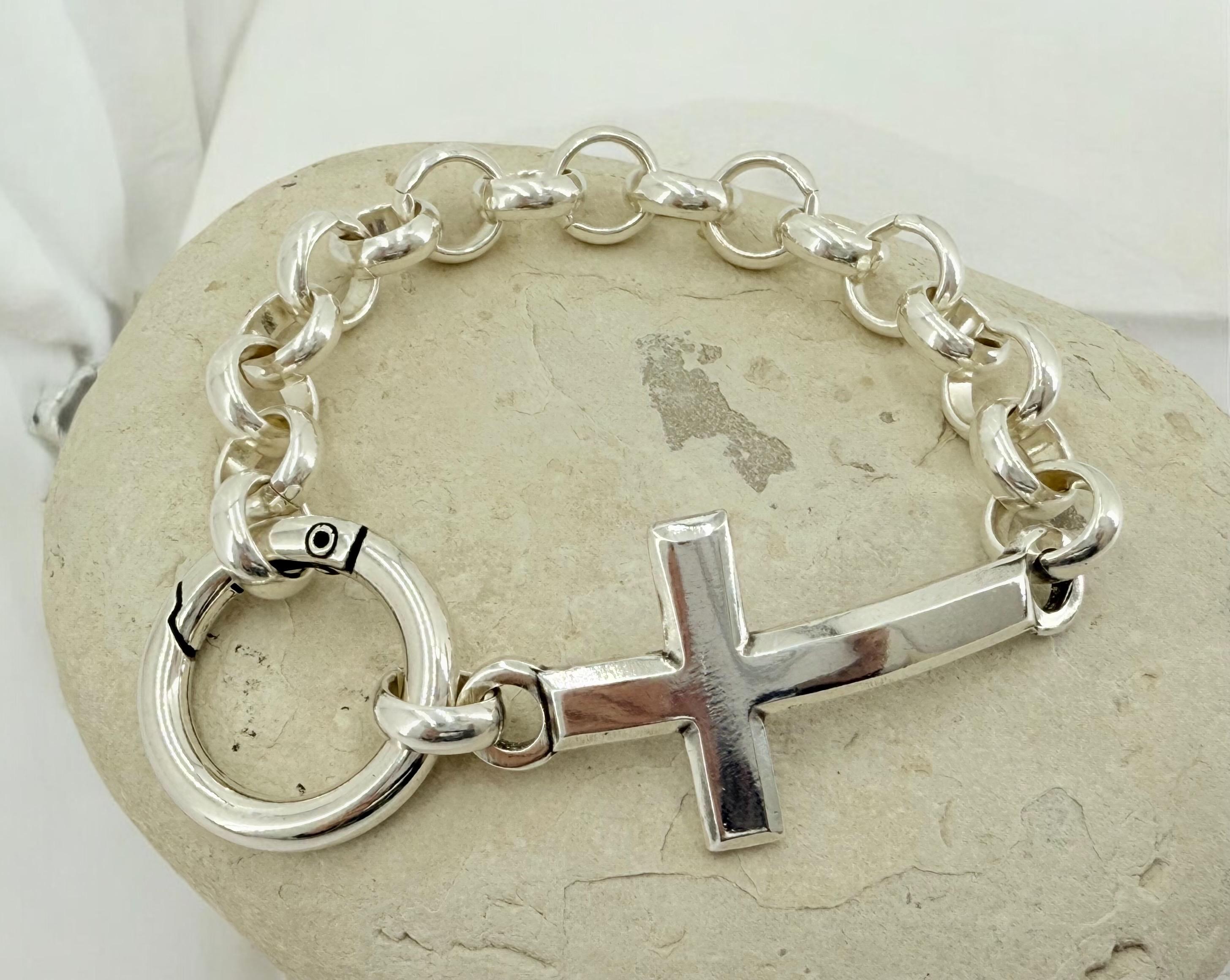 Chunky Silver chain bracelet with cross, bold link rolo bracelet, heavyweight chain bracelet, voluminous bracelet, uno de 50 style, gift
