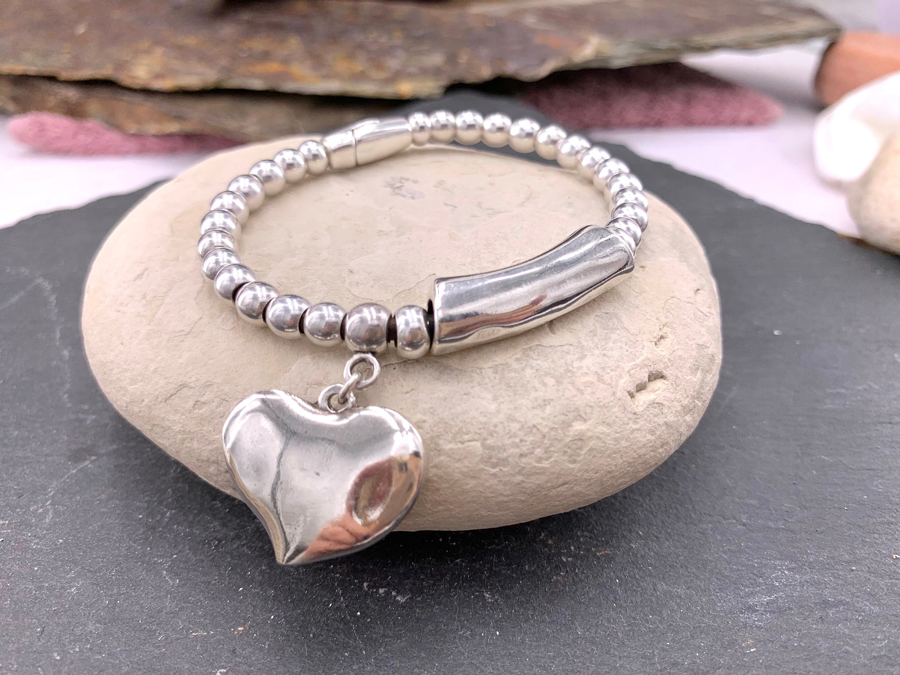 Chunky silver beaded bracelet with central tube charm and heart pendant, Heart pendant silver chunky bracelet, special gift for women