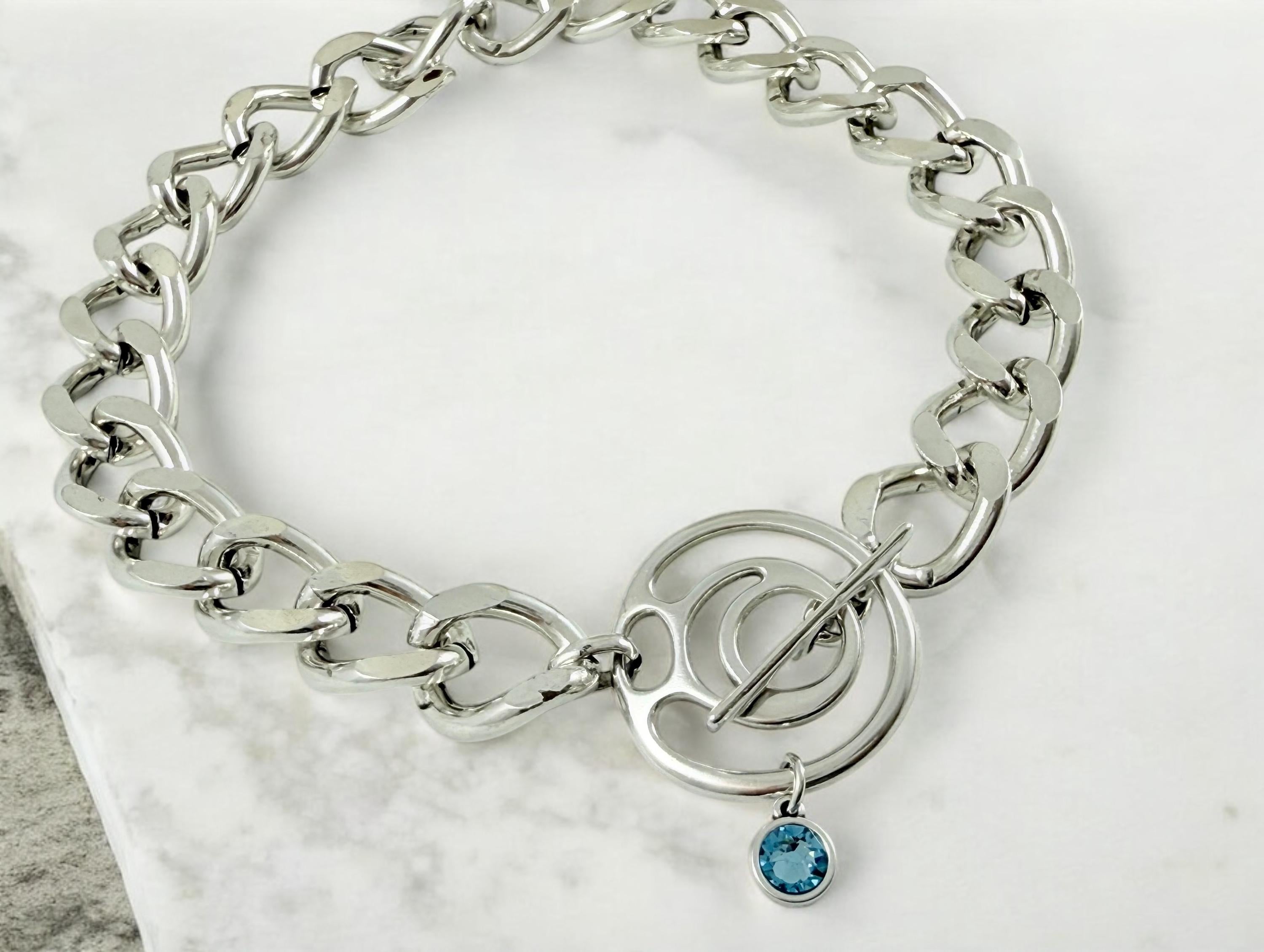 Chunky Silver chain Swarovski pendant toggle clasp necklace, statement necklace, bulky necklace with chunky chain, heavyweight necklace, gif