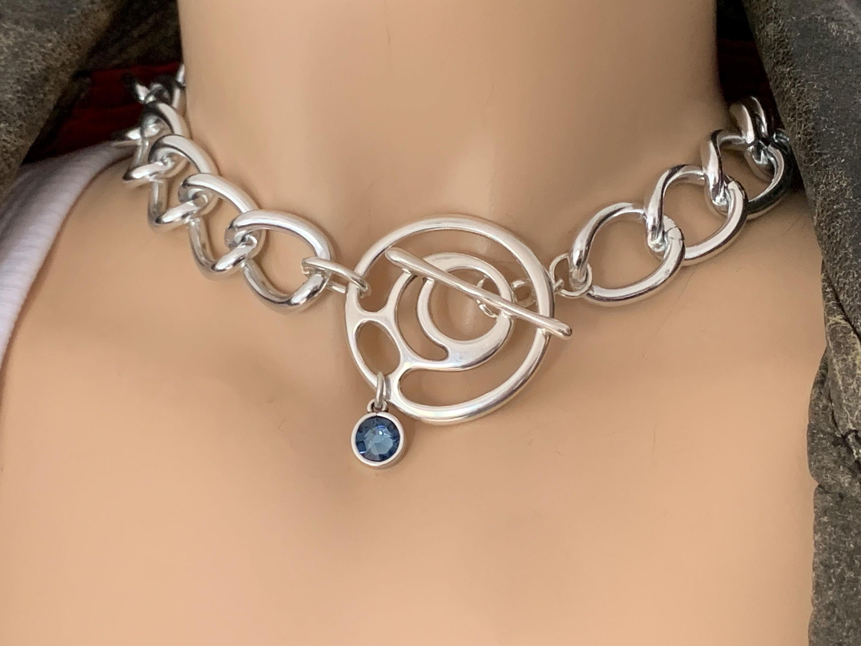 Chunky Silver chain Swarovski pendant toggle clasp necklace, statement necklace, bulky necklace with chunky chain, heavyweight necklace, gif