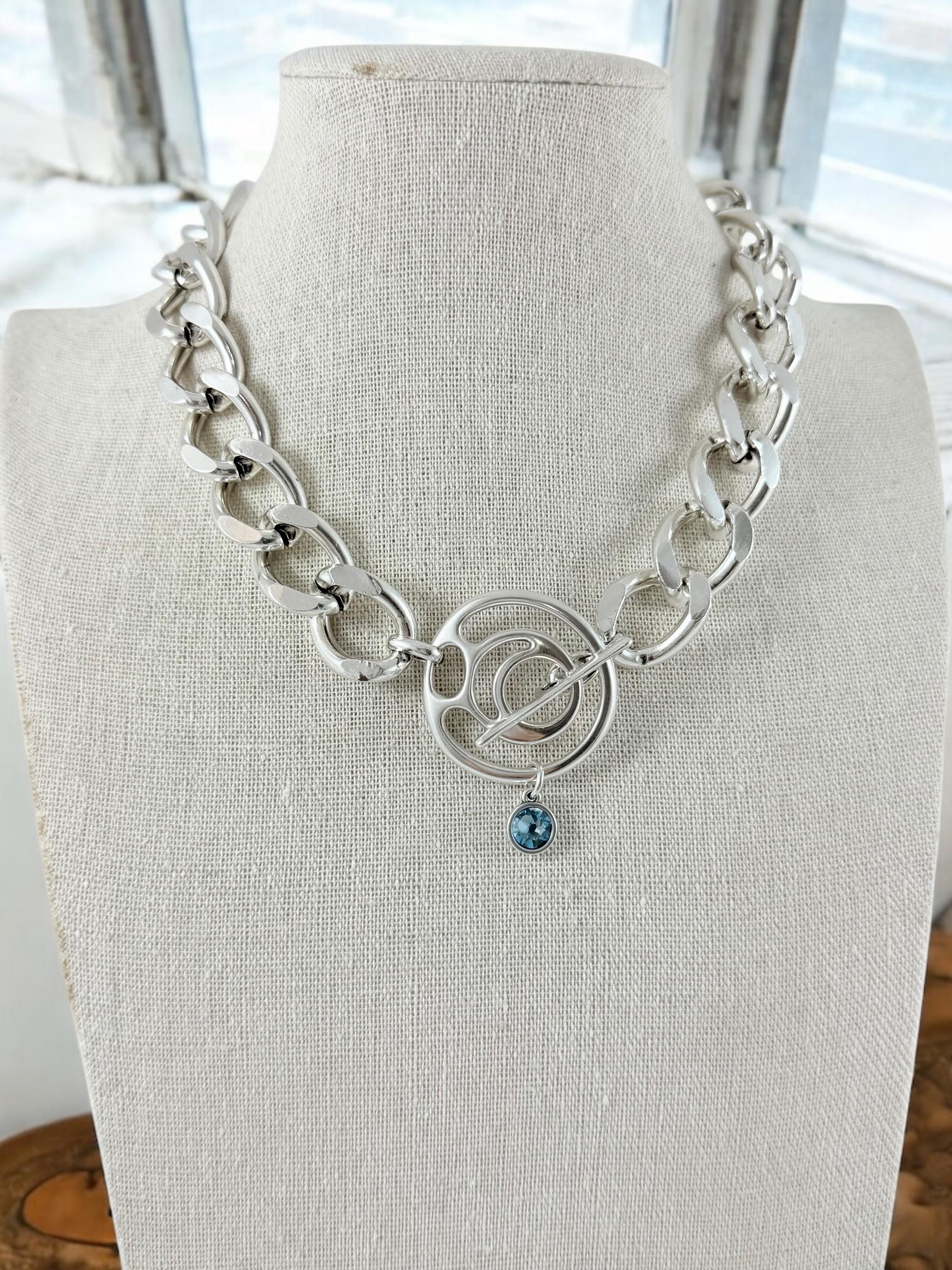 Chunky Silver chain Swarovski pendant toggle clasp necklace, statement necklace, bulky necklace with chunky chain, heavyweight necklace, gif