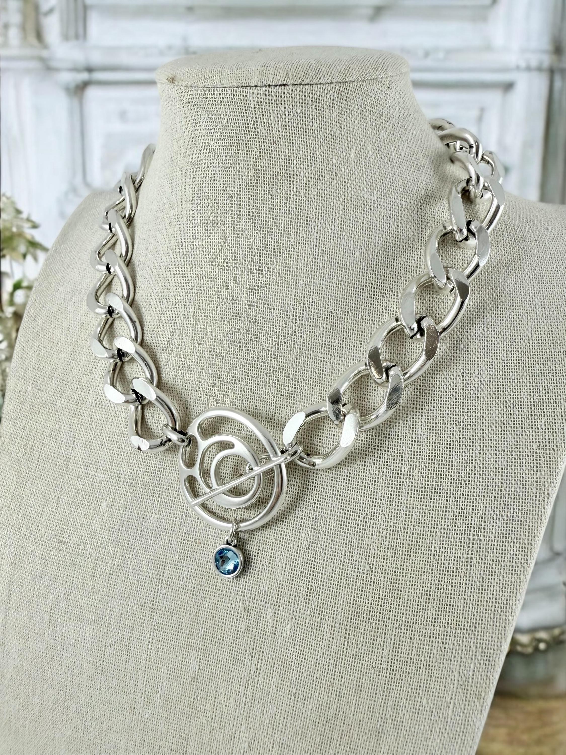 Chunky Silver chain Swarovski pendant toggle clasp necklace, statement necklace, bulky necklace with chunky chain, heavyweight necklace, gif
