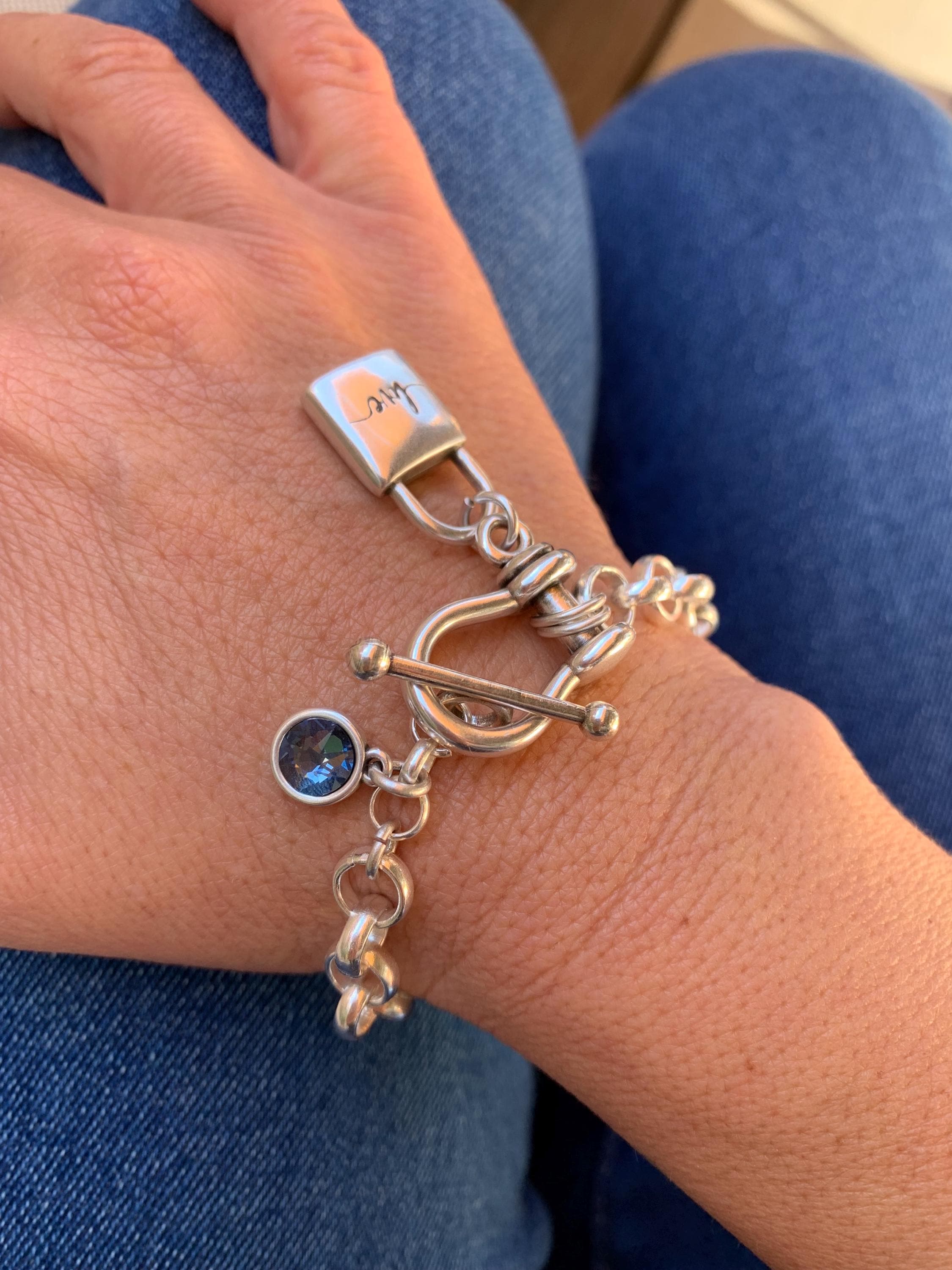 Chunky Silver Padlock Bracelet – Swarovski Crystal Accent – Toggle Clasp – Bold Statement Jewelry – Uno de 50 Inspired – Handmade Gift