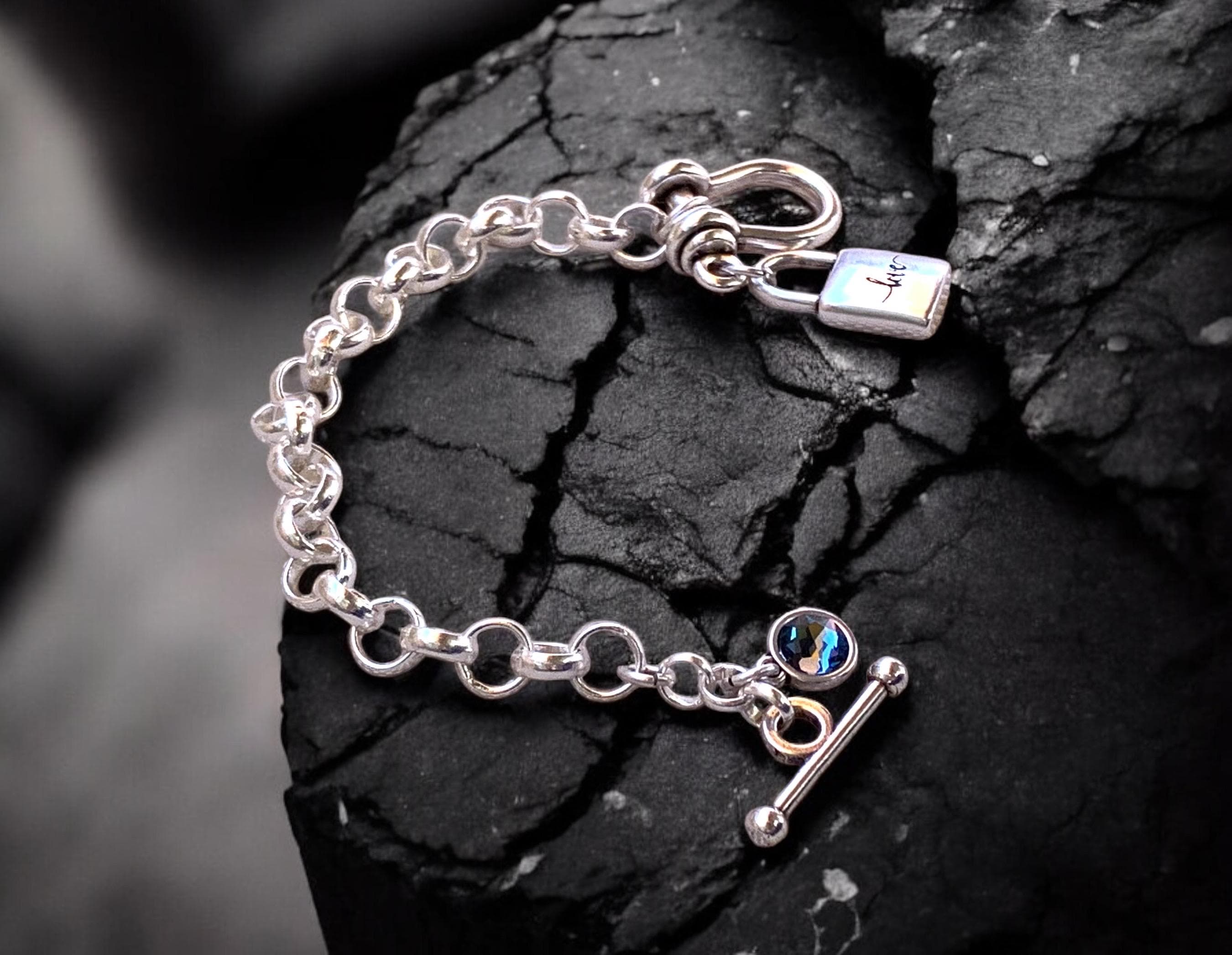 Chunky Silver Padlock Bracelet – Swarovski Crystal Accent – Toggle Clasp – Bold Statement Jewelry – Uno de 50 Inspired – Handmade Gift