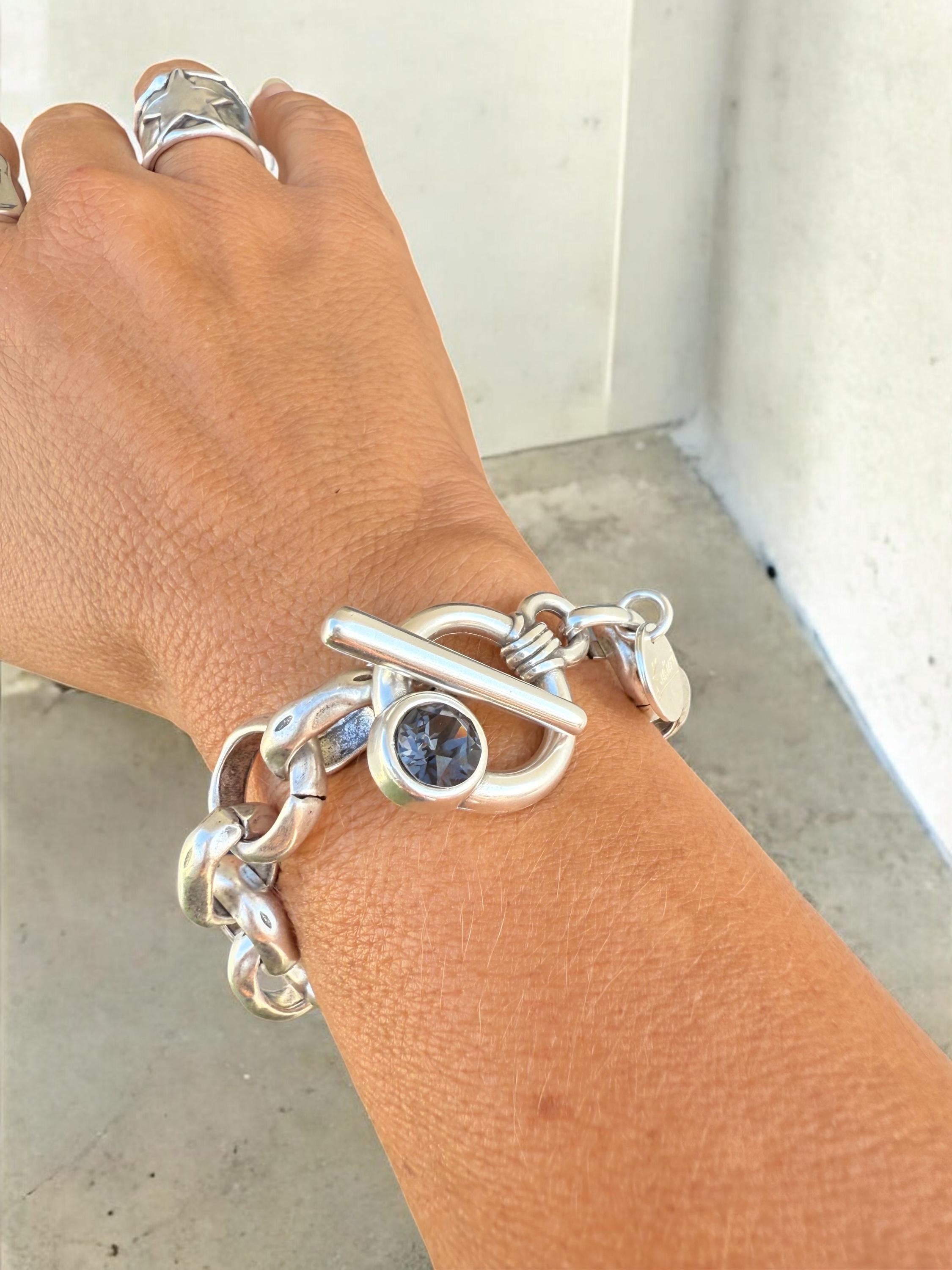 Chunky Silver Chain Bracelet – Solid 15 mm Links – Swarovski Toggle Clasp – Antique Finish – Kukuri Jewelry