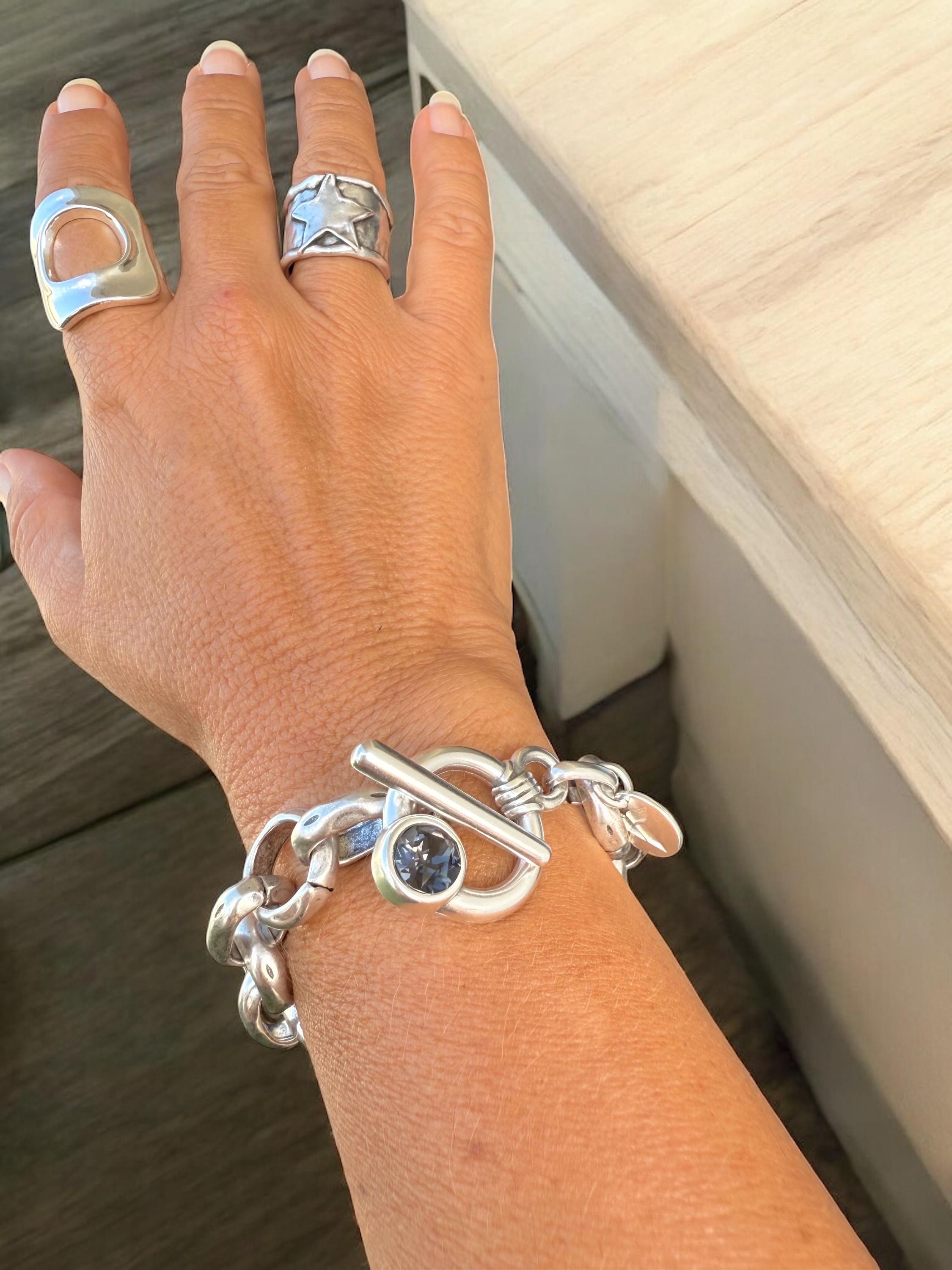 Chunky Silver Chain Bracelet – Solid 15 mm Links – Swarovski Toggle Clasp – Antique Finish – Kukuri Jewelry