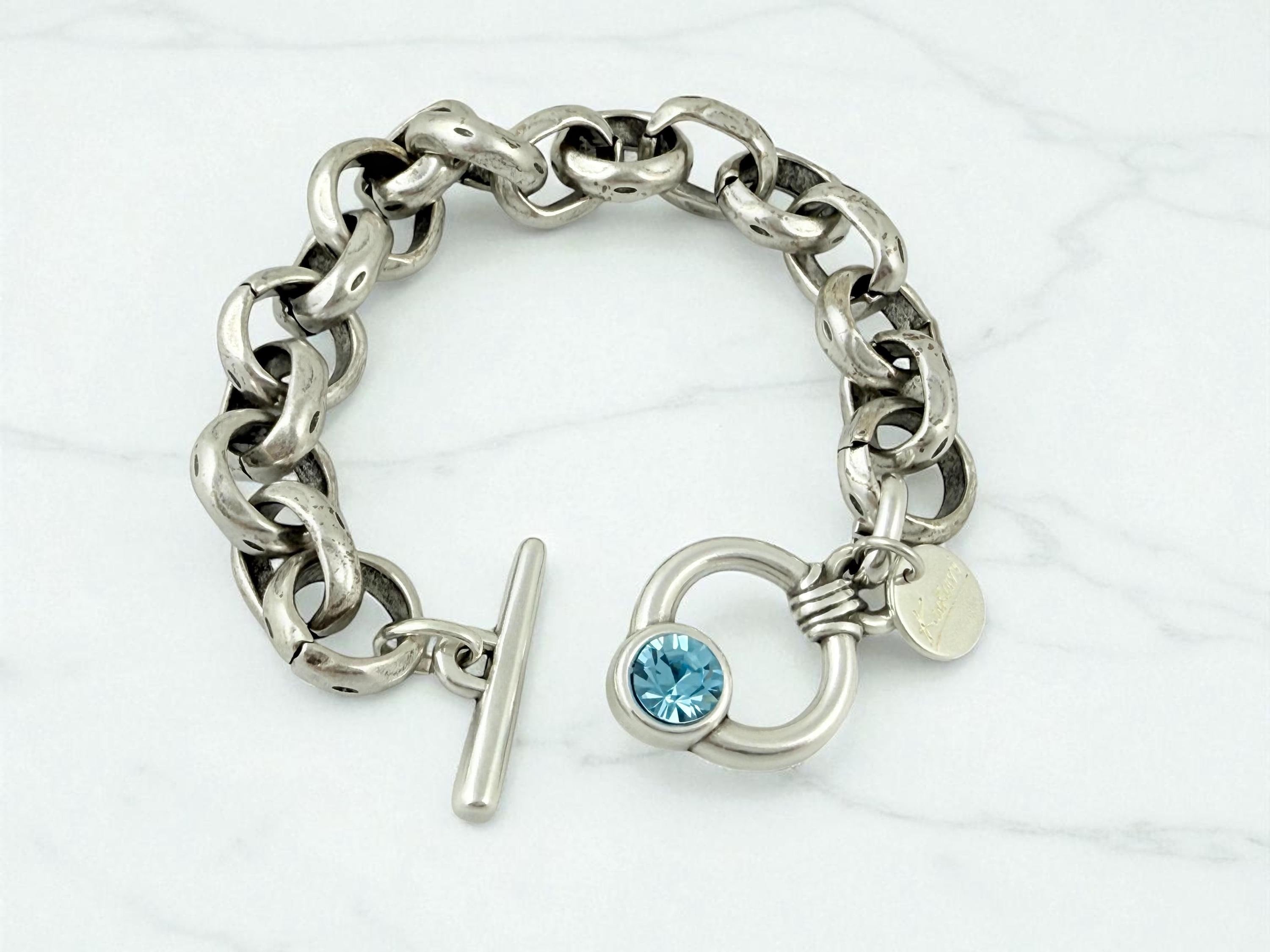 Chunky Silver Chain Bracelet – Solid 15 mm Links – Swarovski Toggle Clasp – Antique Finish – Kukuri Jewelry