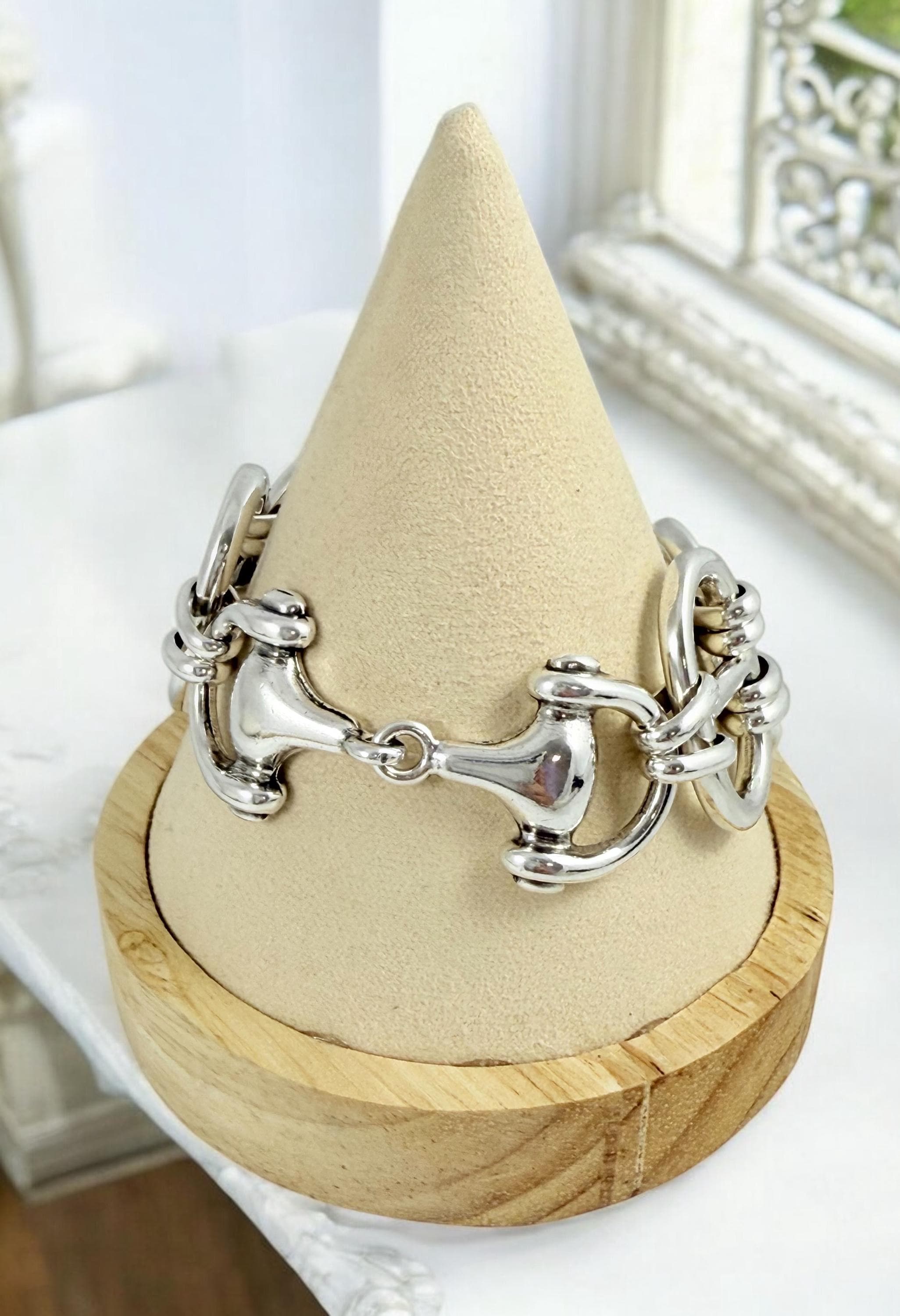 Chunky Silver Bracelet – Equestrian Centerpiece – Thick Nautical Chain – Adjustable Cuff – Handmade Kukuri Jewelry