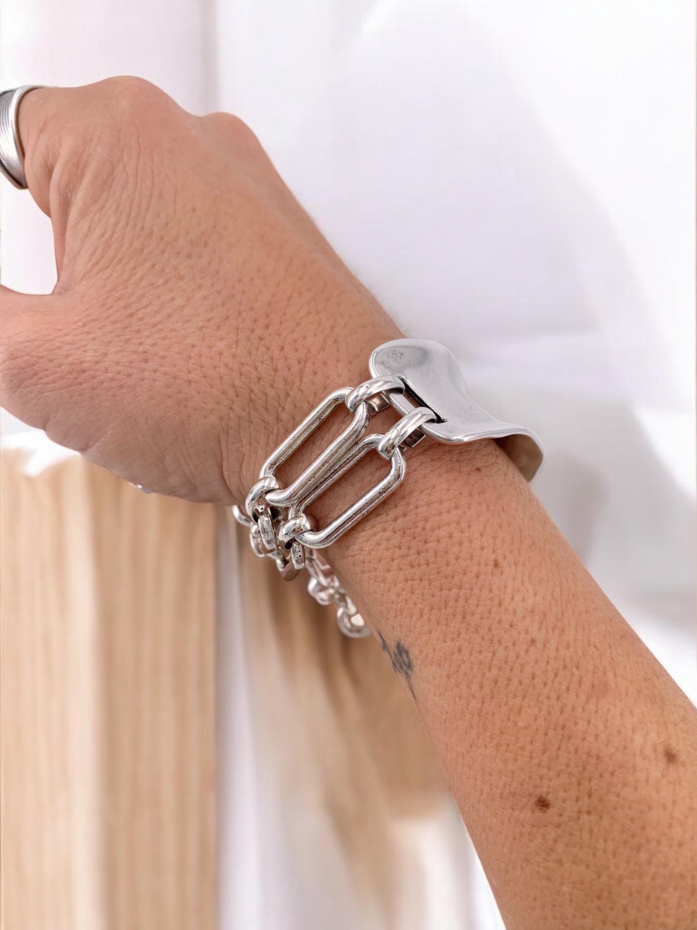Chunky Silver Chain Bracelet – Double Link Cuff – Bold Adjustable Bracelet – Handmade Kukuri Jewelry