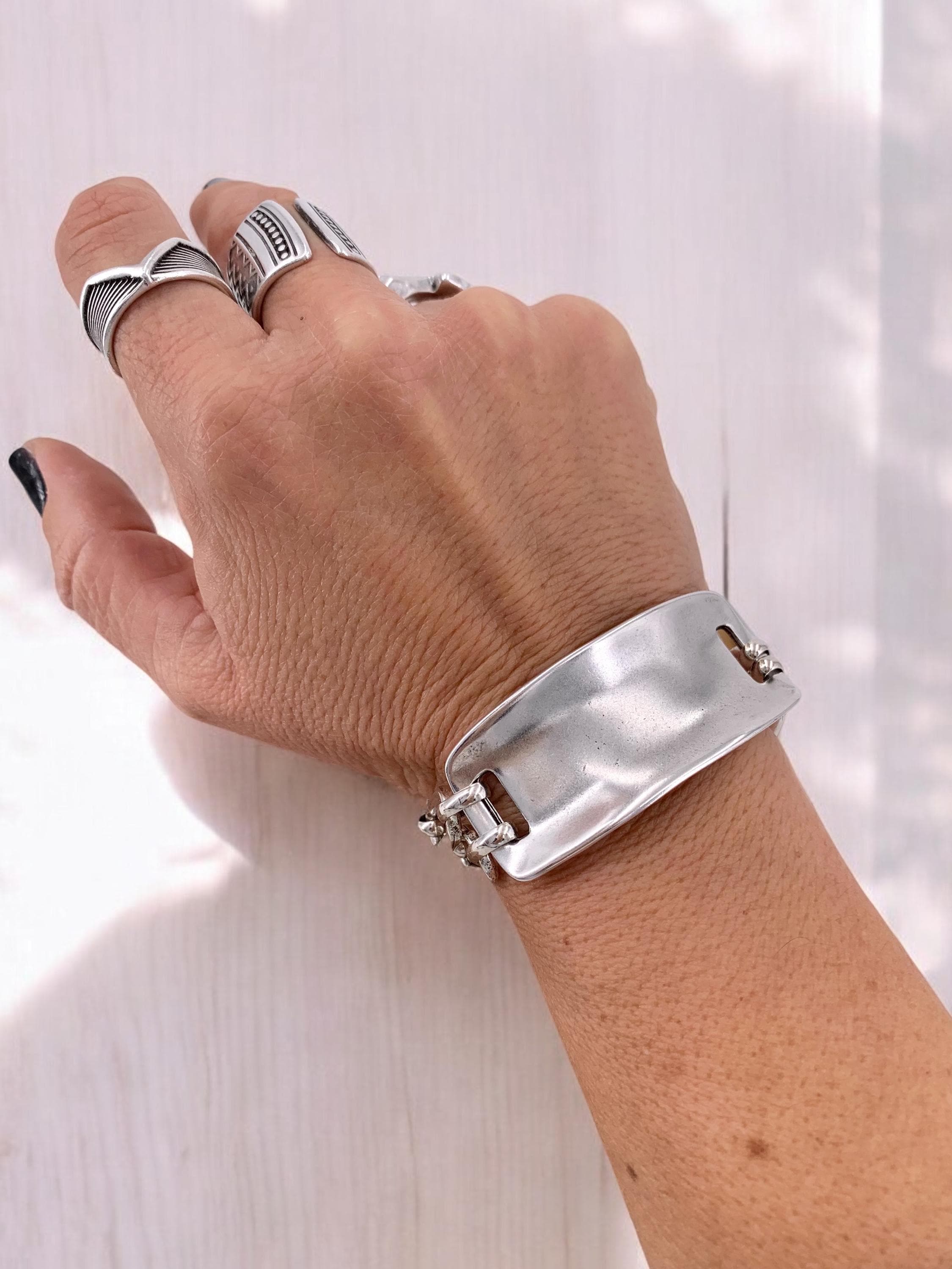 Chunky Silver Chain Bracelet – Double Link Cuff – Bold Adjustable Bracelet – Handmade Kukuri Jewelry