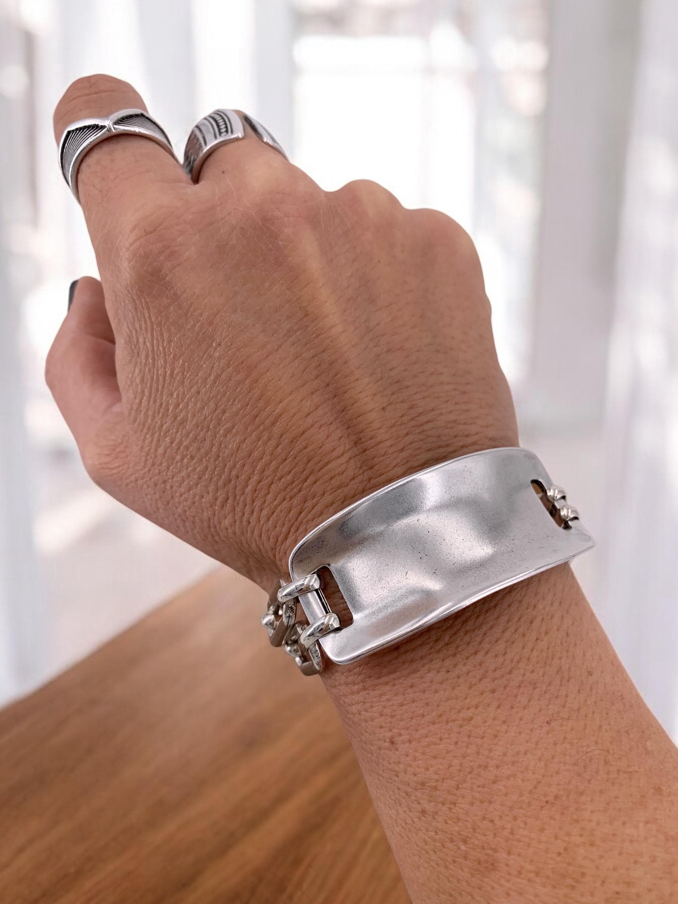 Chunky Silver Chain Bracelet – Double Link Cuff – Bold Adjustable Bracelet – Handmade Kukuri Jewelry